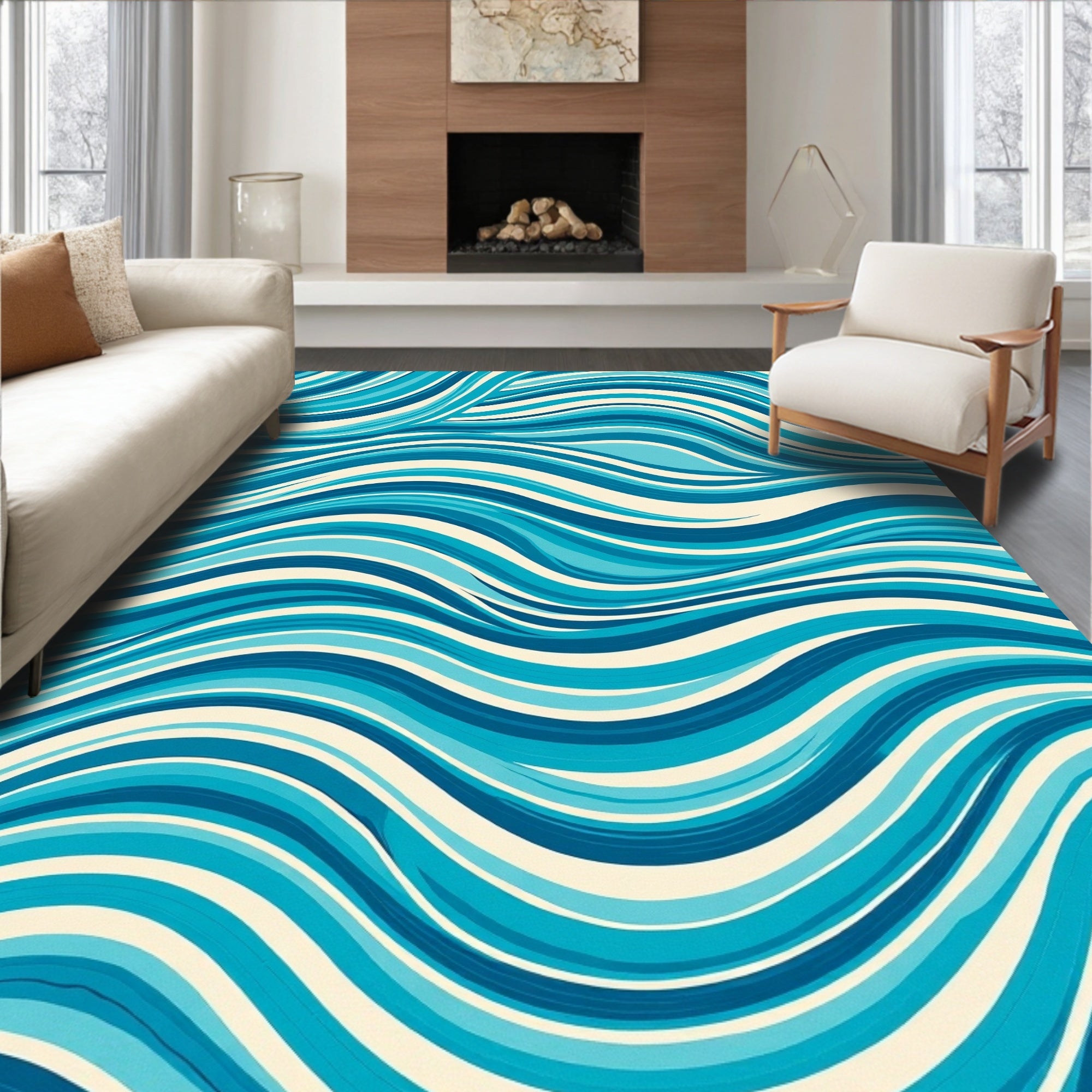 Ocean Blue Wavy Lines Rug