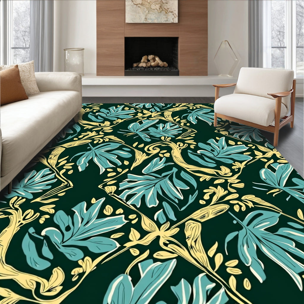 Teal Leaf Scroll Pattern Rug