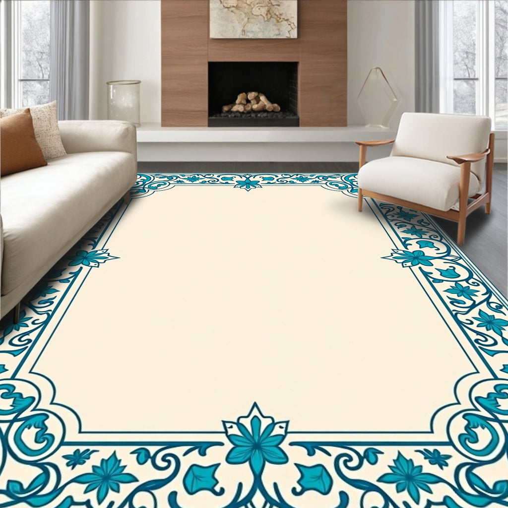 Intricate Teal Floral Scroll Border Design Rug
