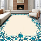Intricate Teal Floral Scroll Border Design Rug
