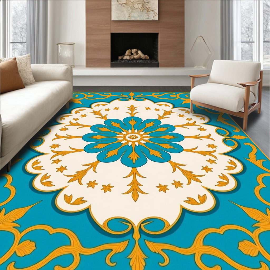 Turquoise Floral Medallion Swirl Pattern Rug