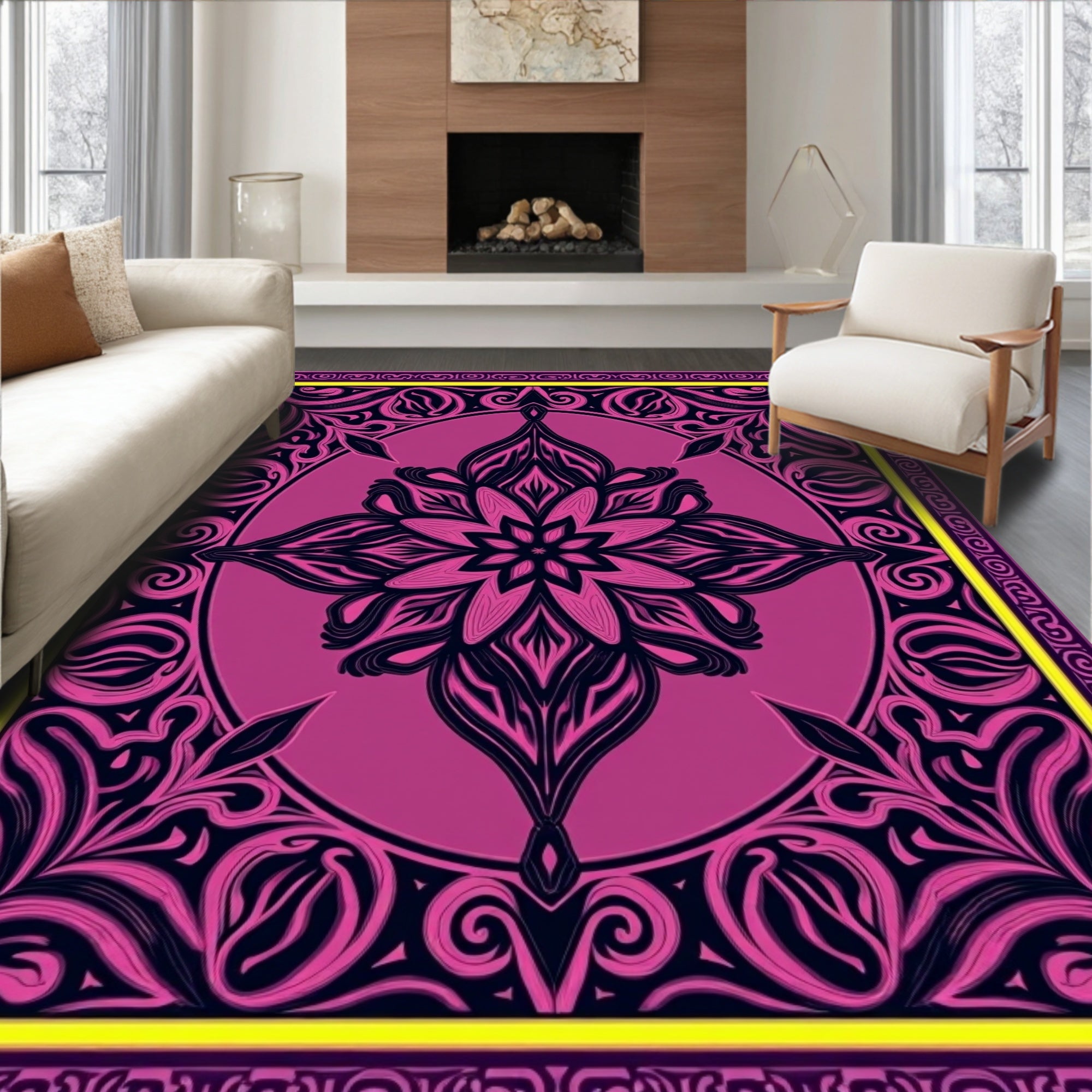 Vibrant Pink Navy Floral Pattern Rug