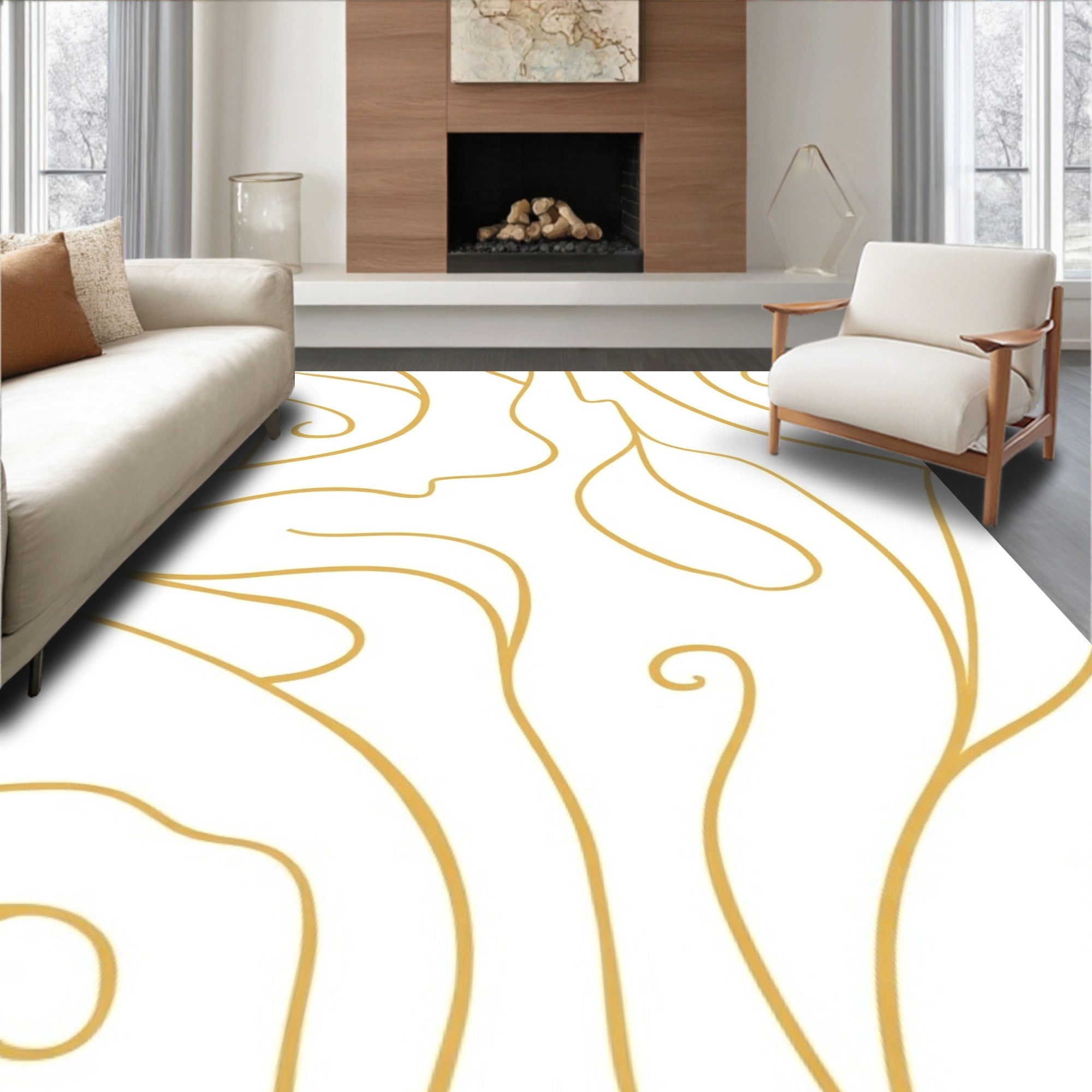 Elegant Gold Swirl Organic Pattern Rug