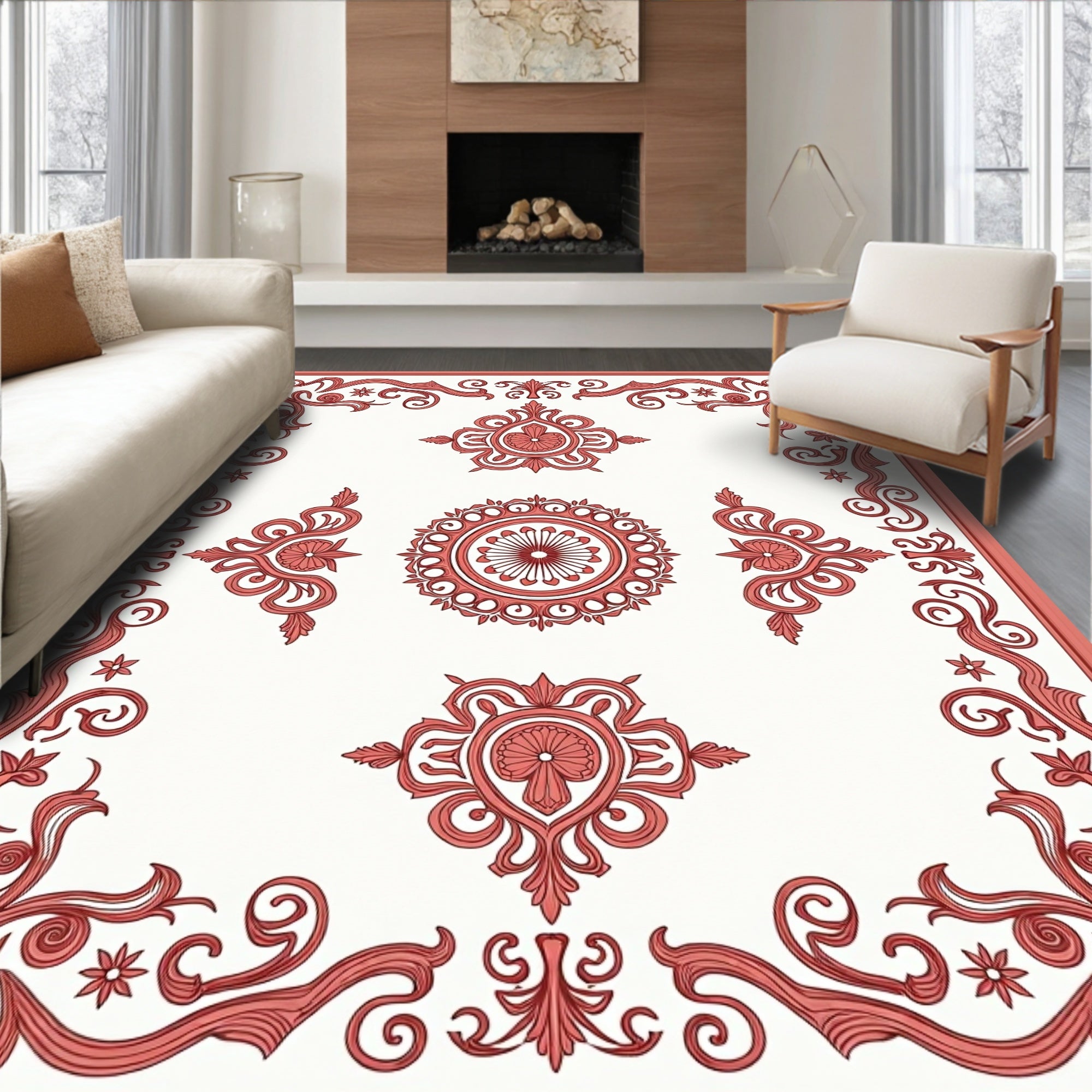 Elaborate Floral Scrollwork Red Design Rug
