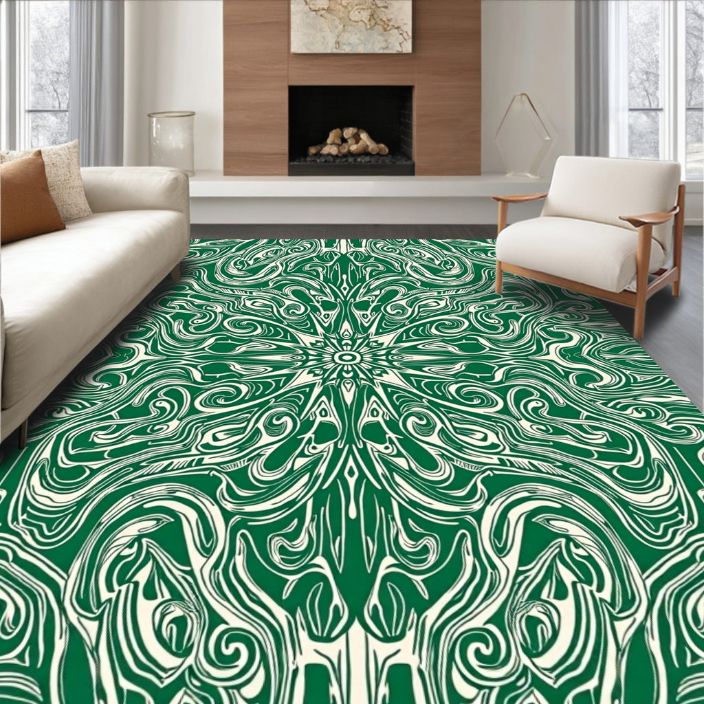 Symmetric Green Swirl Abstract Pattern Rug