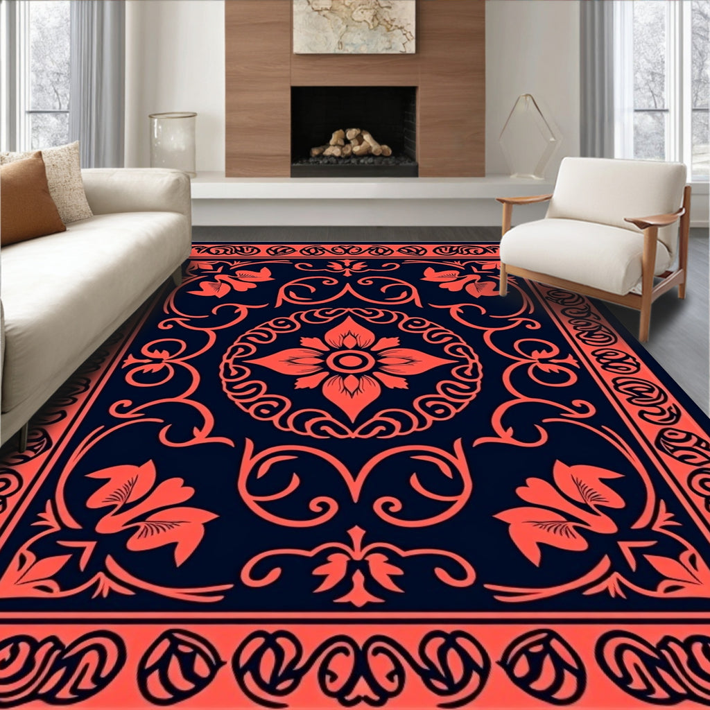 Coral Floral Intricate Border Rug