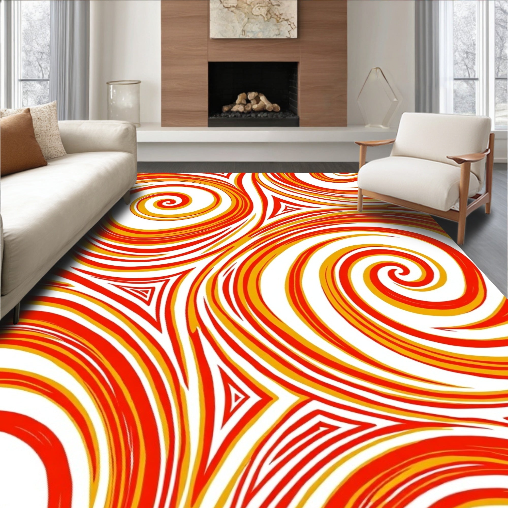 Dynamic Red Yellow Swirl Pattern Design Rug