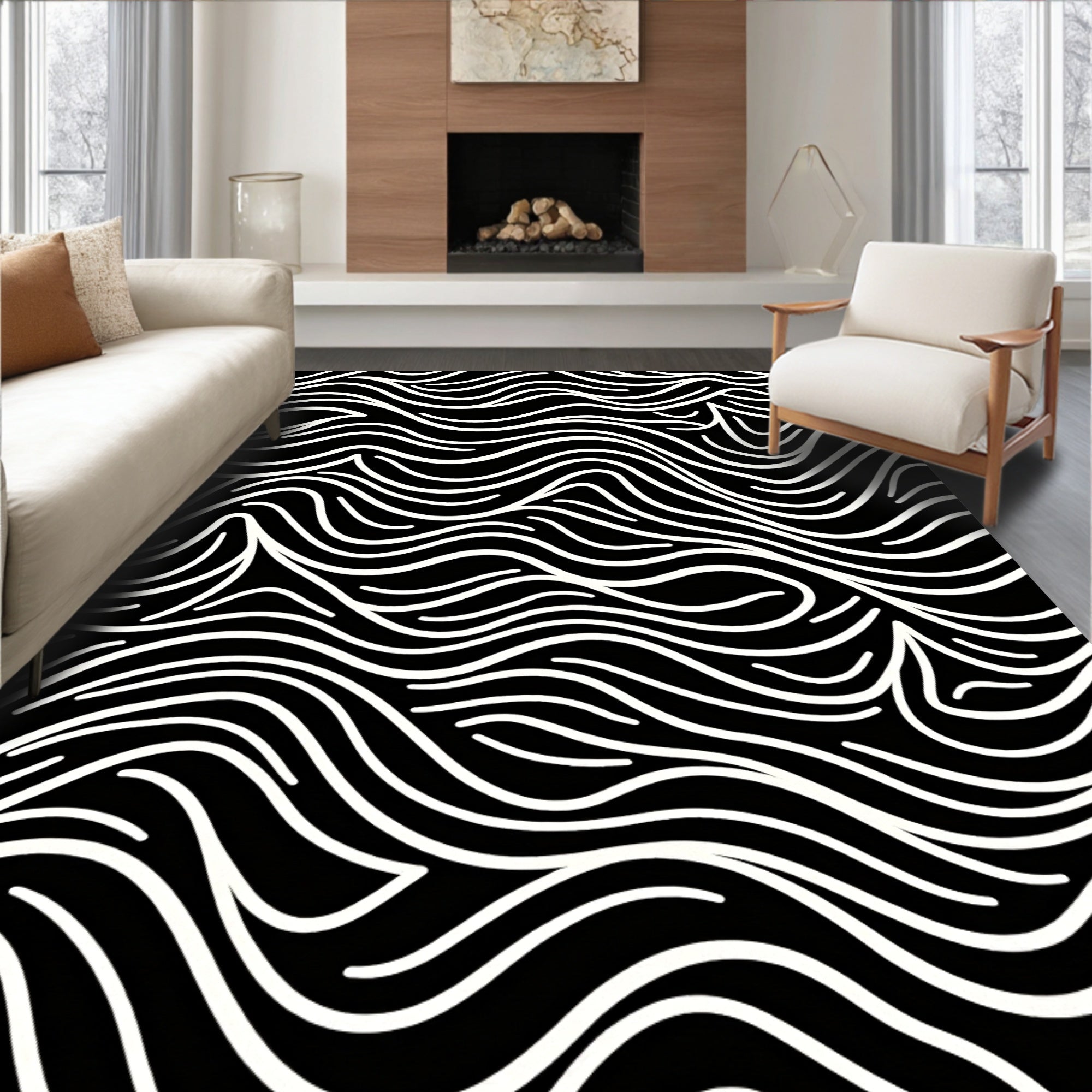 Black White Flowing Lines Pattern Rug