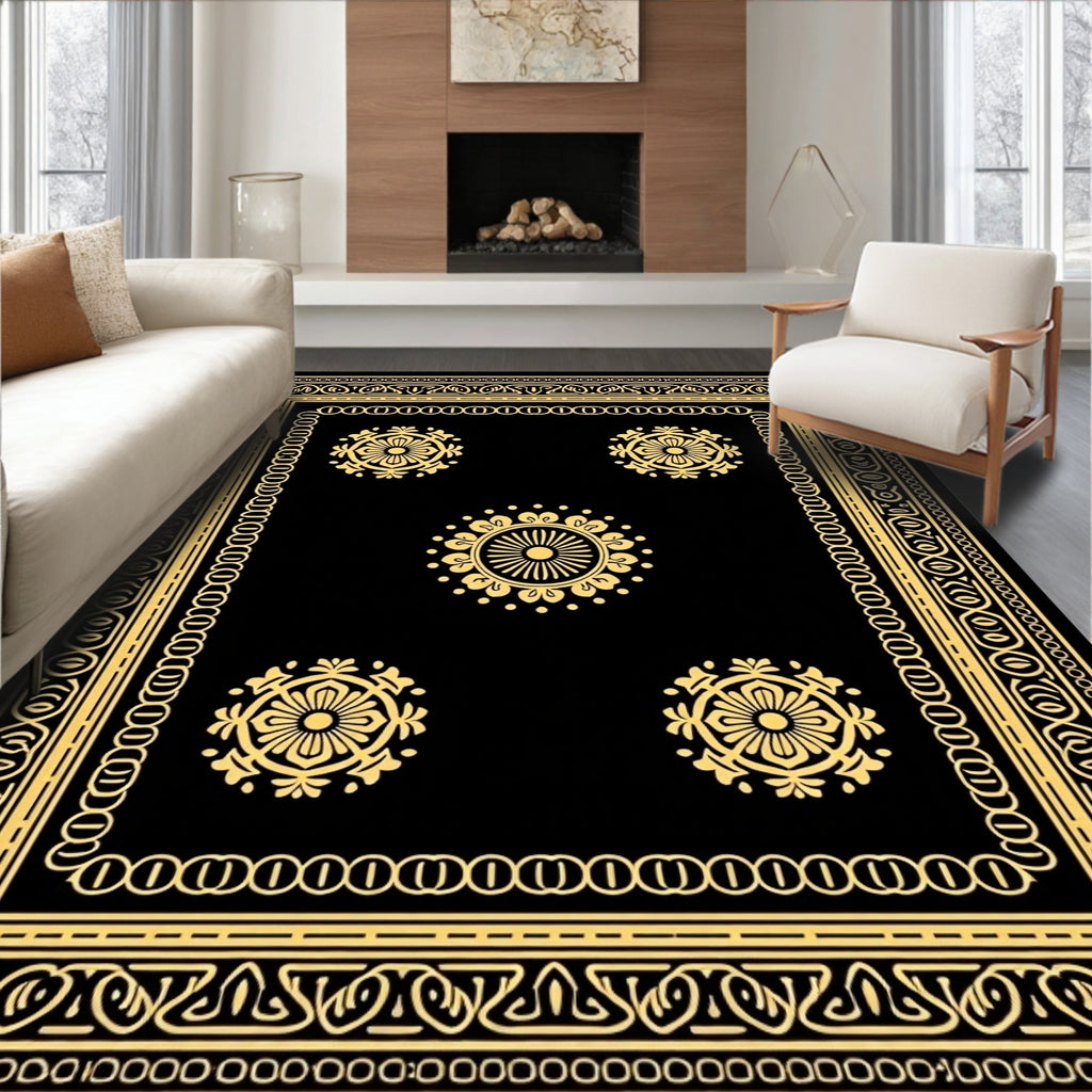 Black Gold Ornate Floral Motif Rug