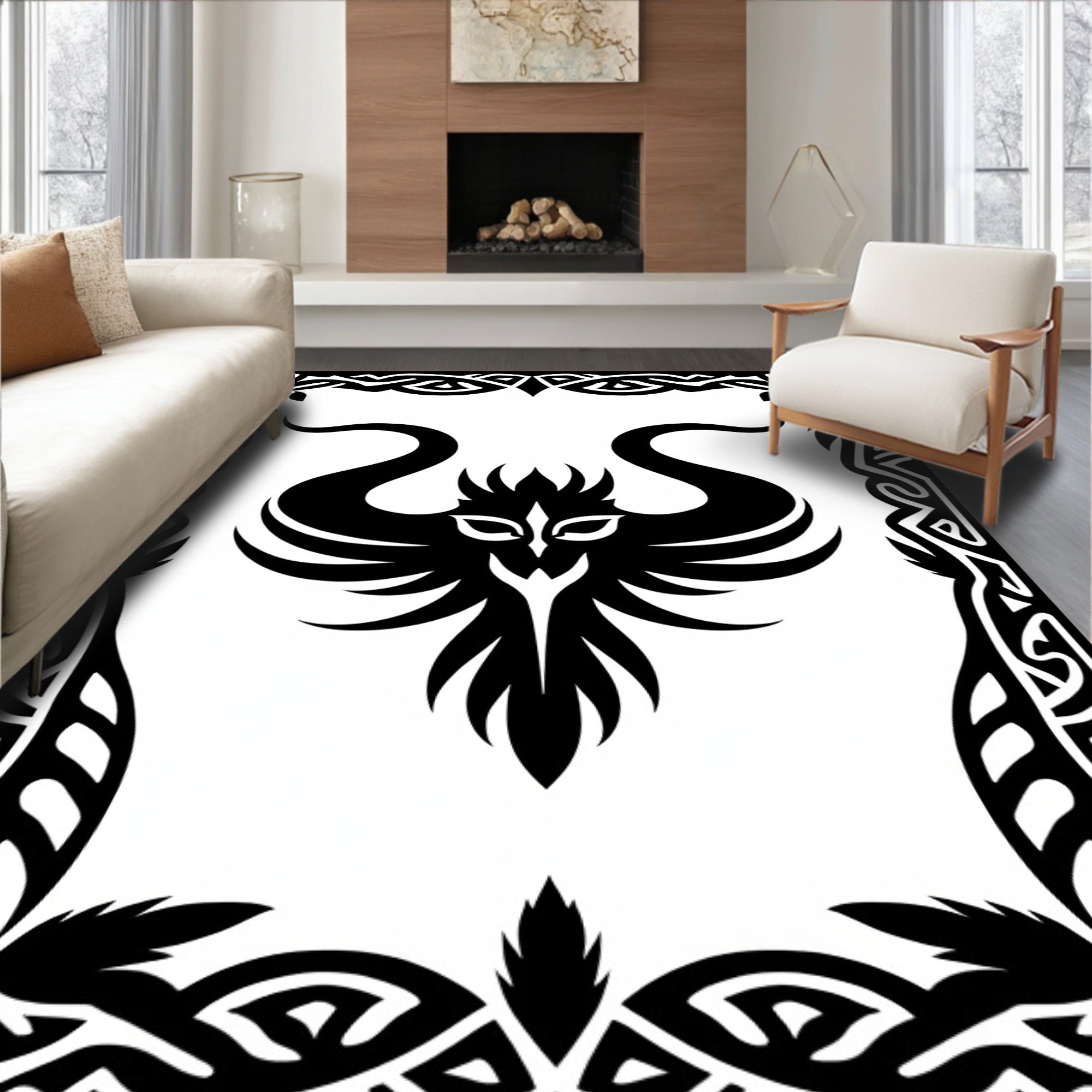Tribal Dragon Black Outline Border Rug