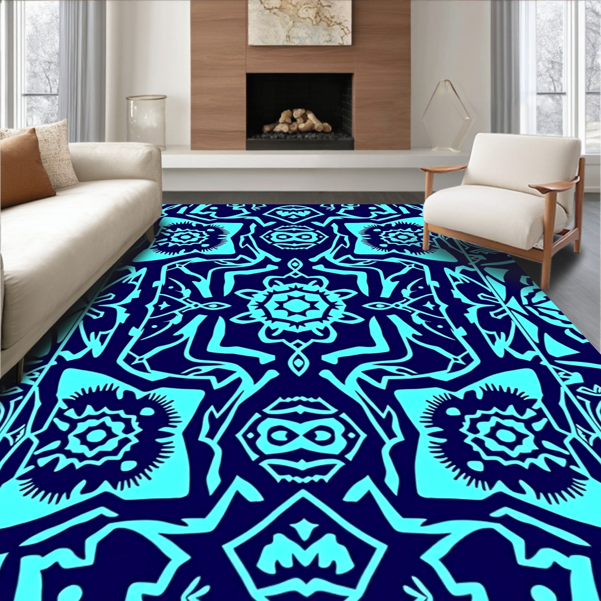 Bold Blue Intricate Tribal Design Rug