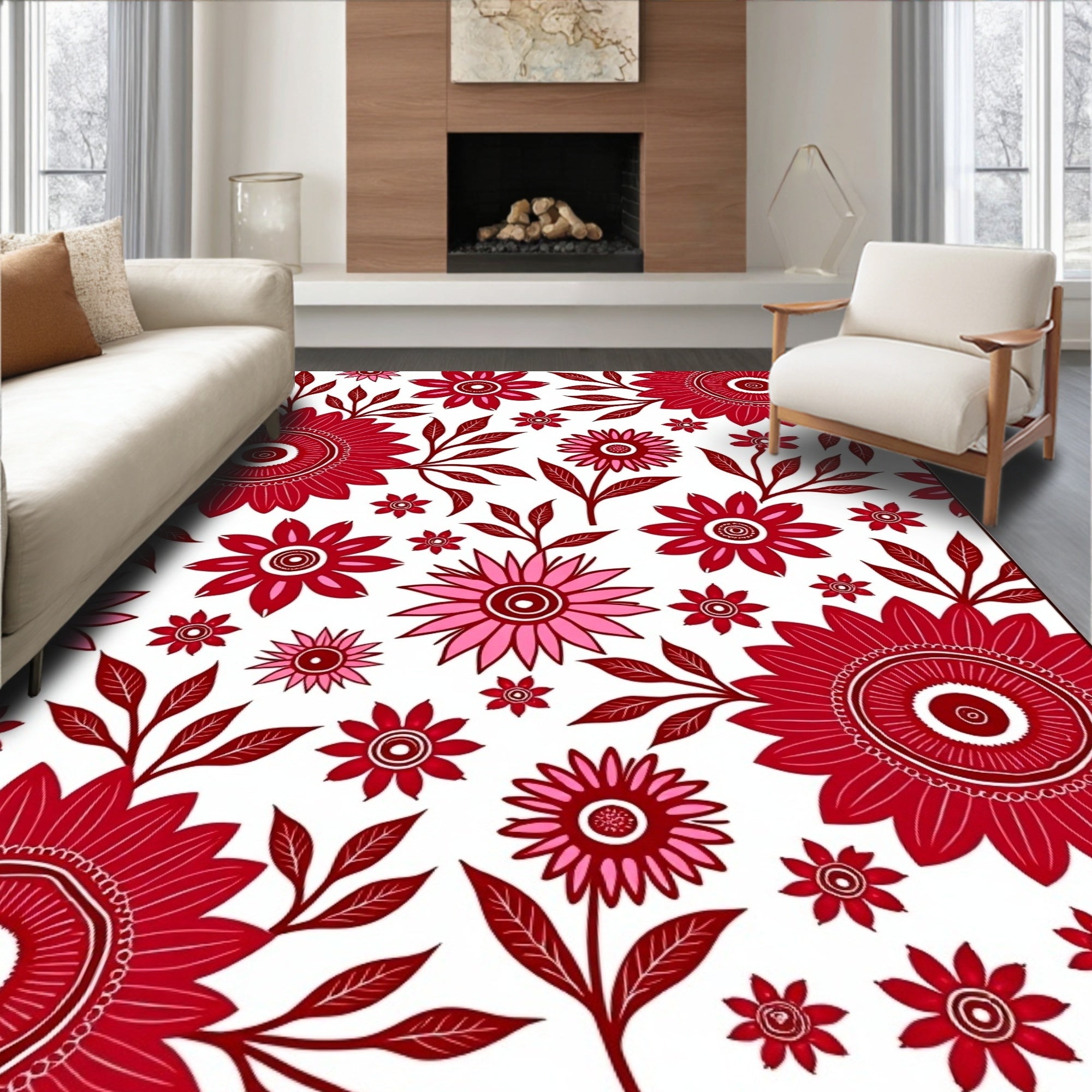 Bold Floral Pattern with Red Accents Rug