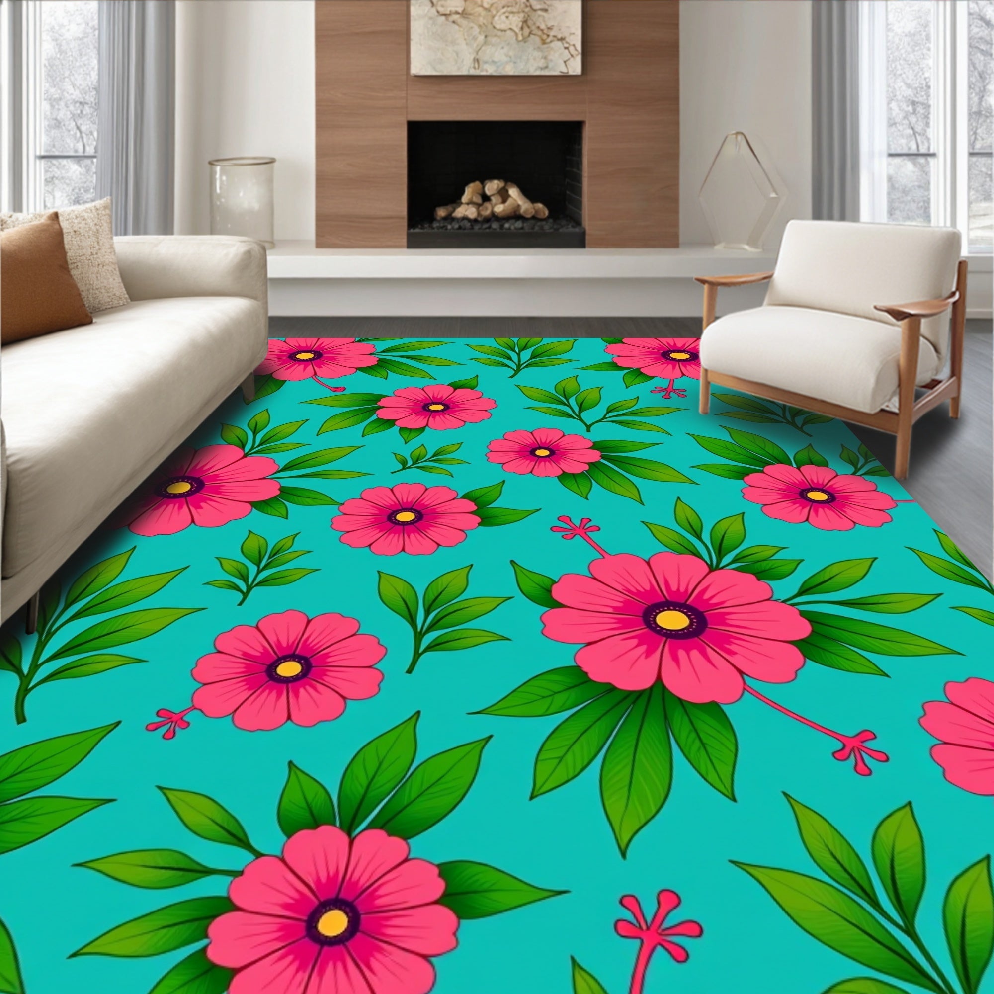 Bright Tropical Pink Floral Pattern Rug