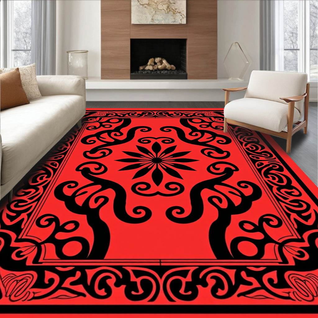 Bold Floral Swirl Paisley Red Design Rug
