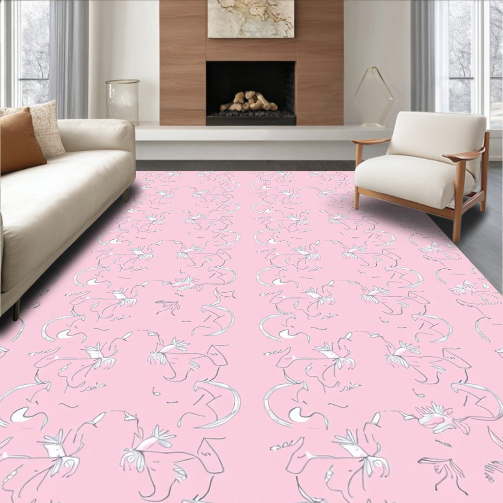Playful Pink Line Art Animals Rug
