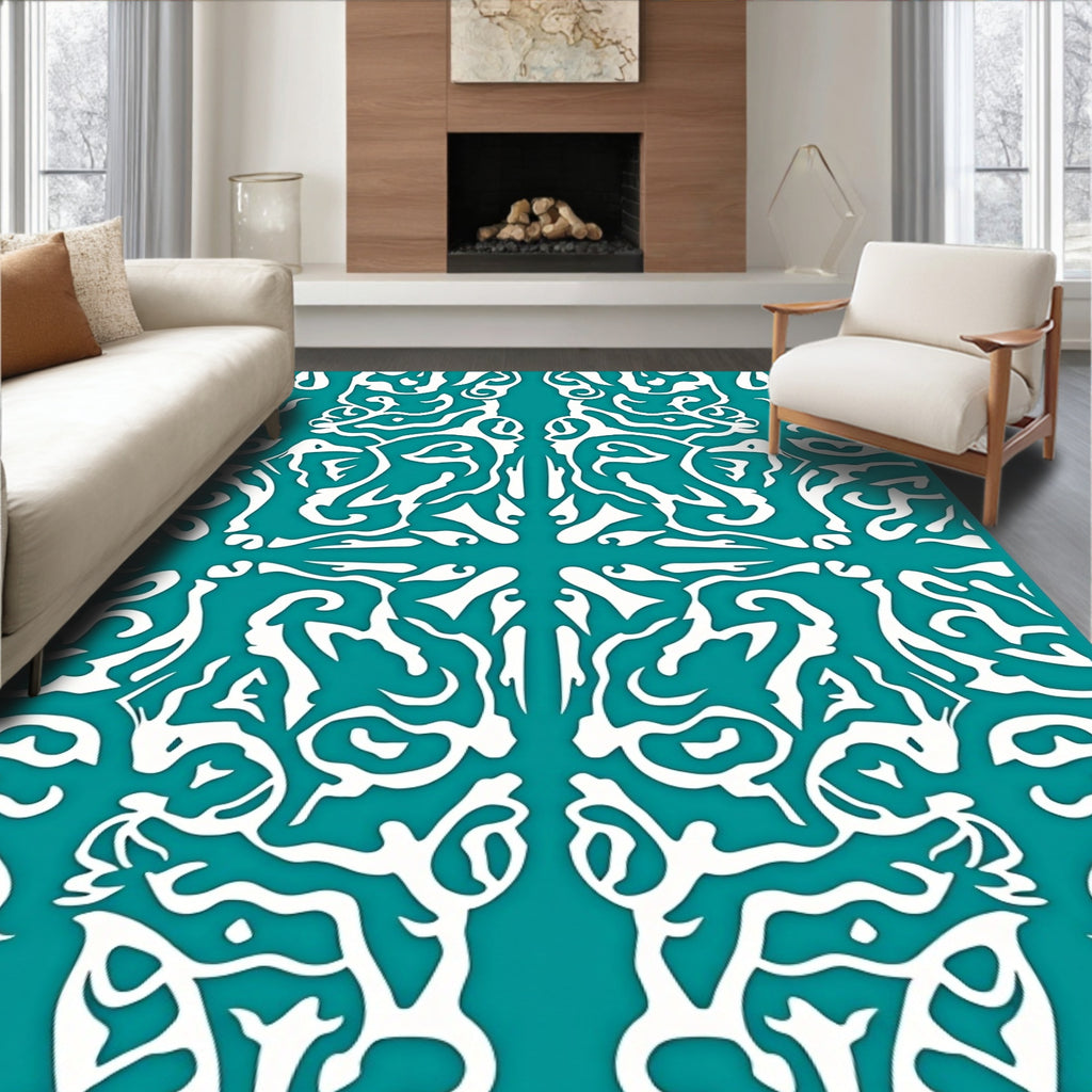 White Abstract Symmetry On Teal Pattern Rug