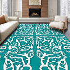 White Abstract Symmetry On Teal Pattern Rug