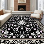 Elaborate Floral Medallion Black Rug
