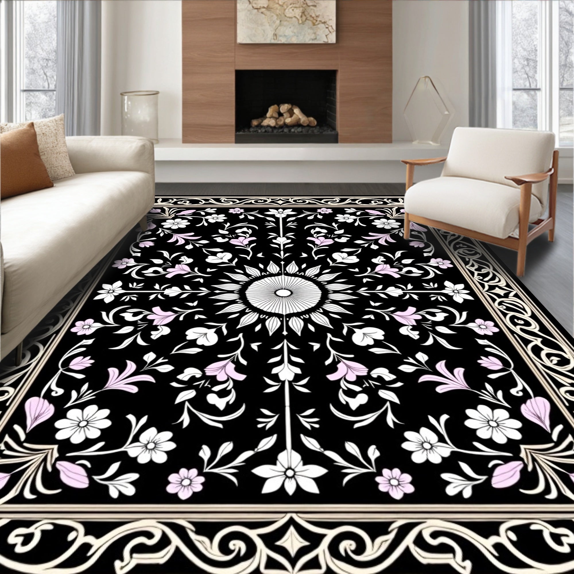 Elaborate Floral Medallion Black Rug
