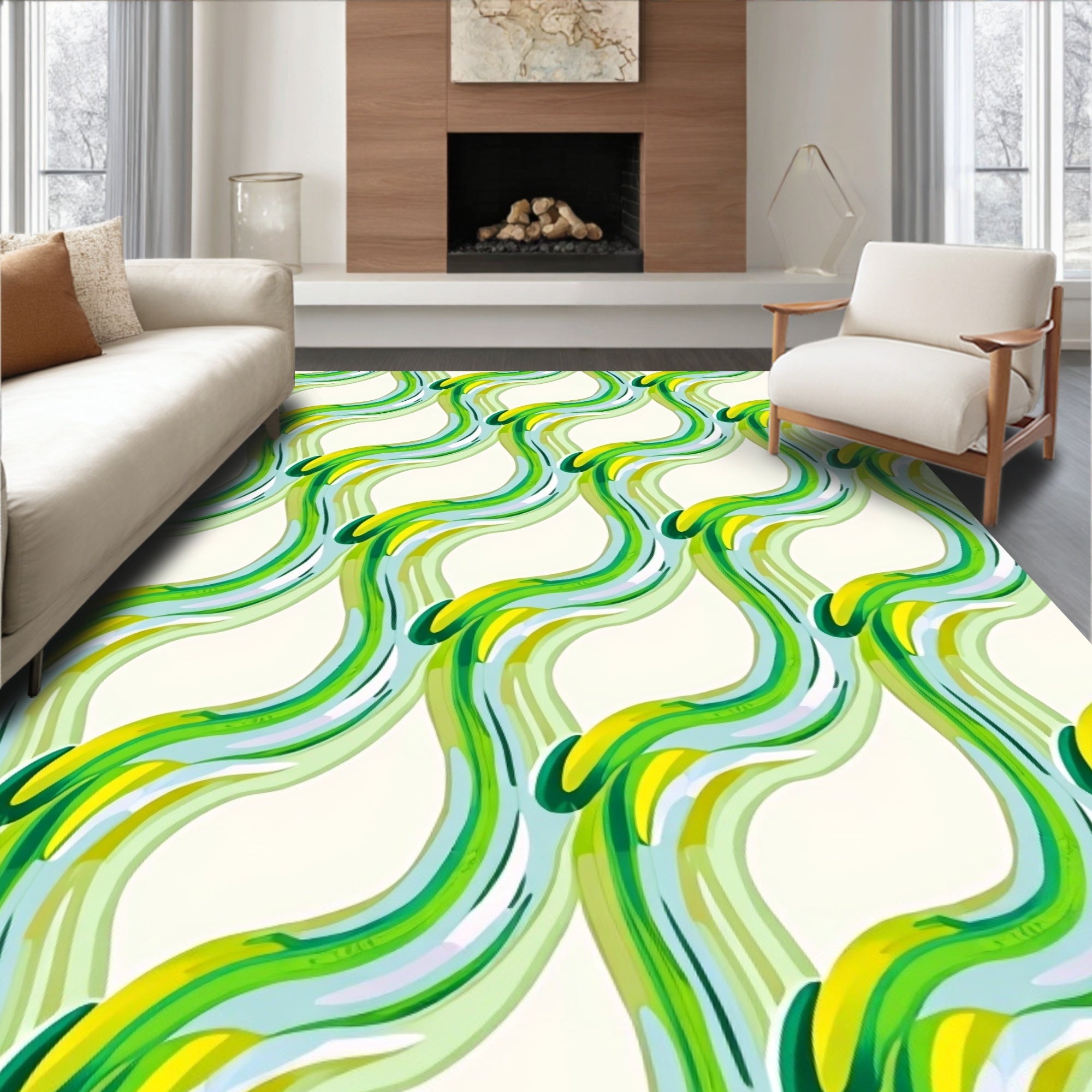 Abstract Wavy Green Yellow Pattern Rug