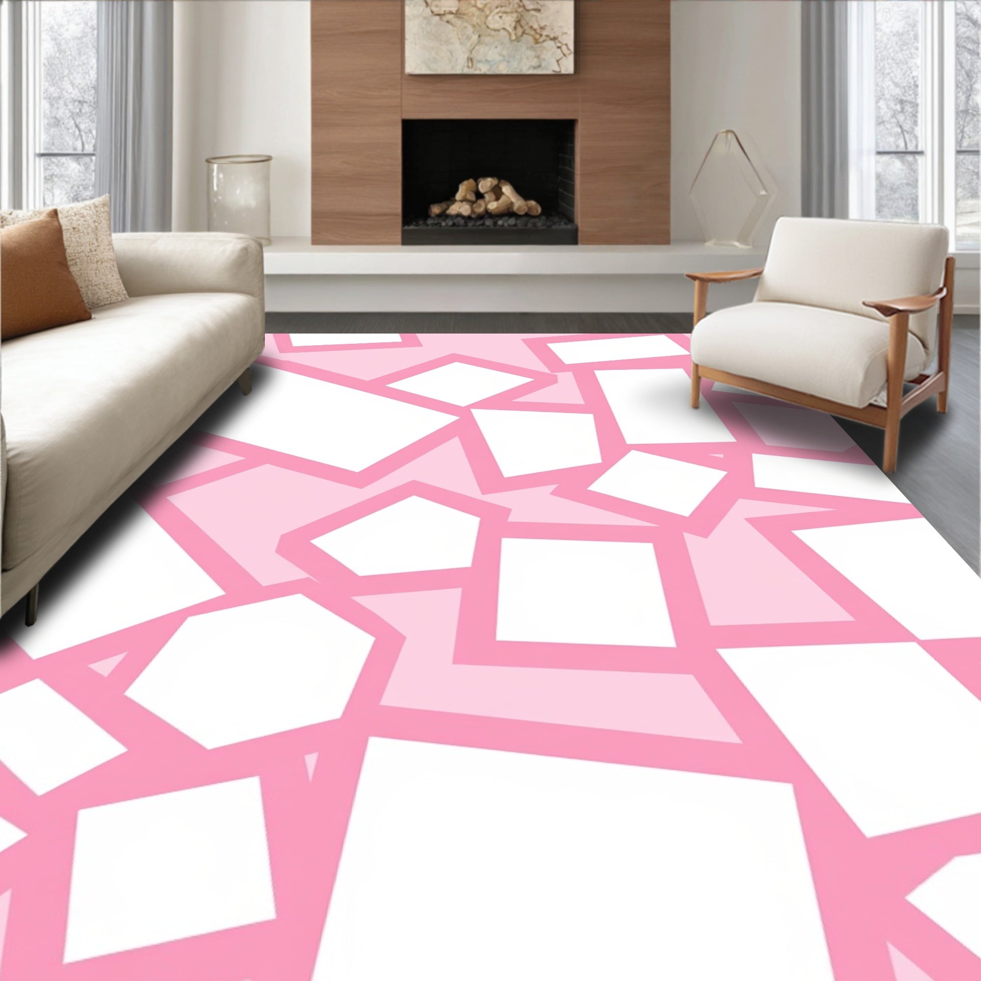 Pastel Pink Geometric Mosaic Pattern Rug