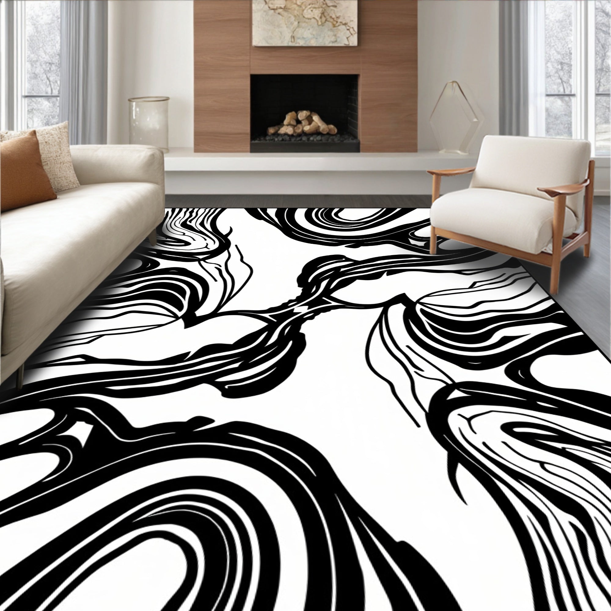 Bold Swirling Black and White Pattern Rug