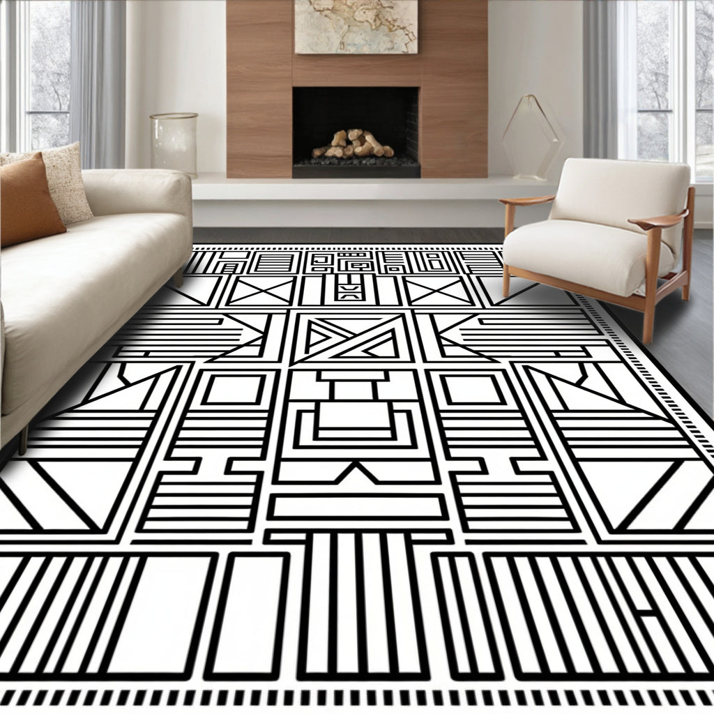 Abstract Geometric Black White Design Rug