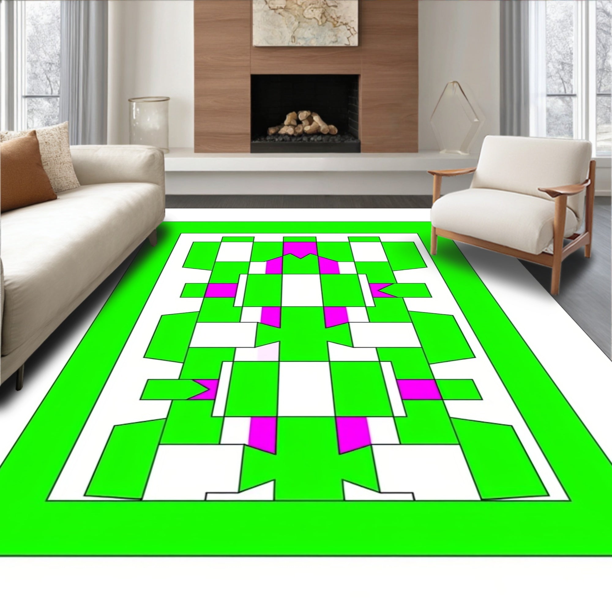 Bold Green Pink Geometric Pattern Rug