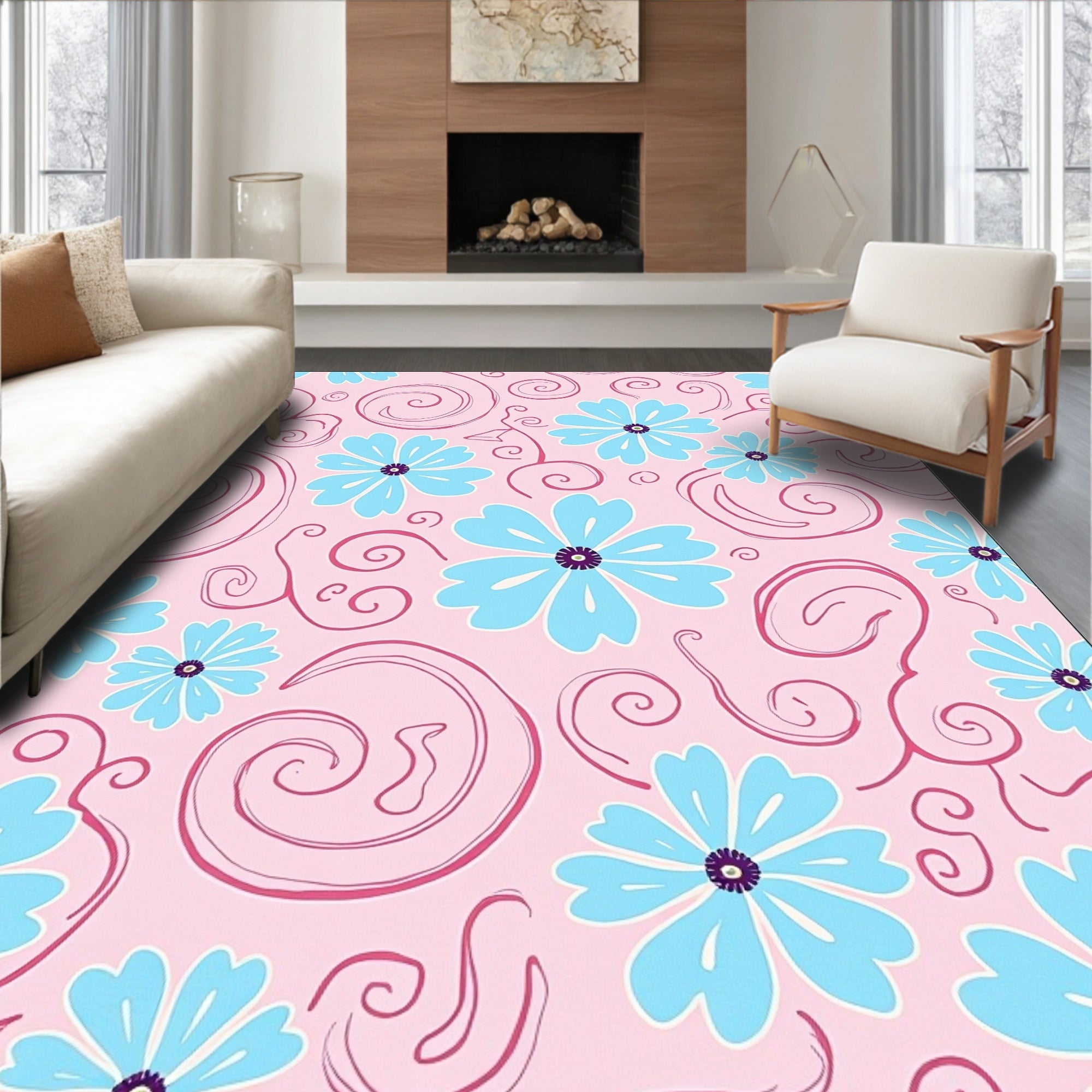 Pink Baby Blue Floral Swirls Pattern Rug