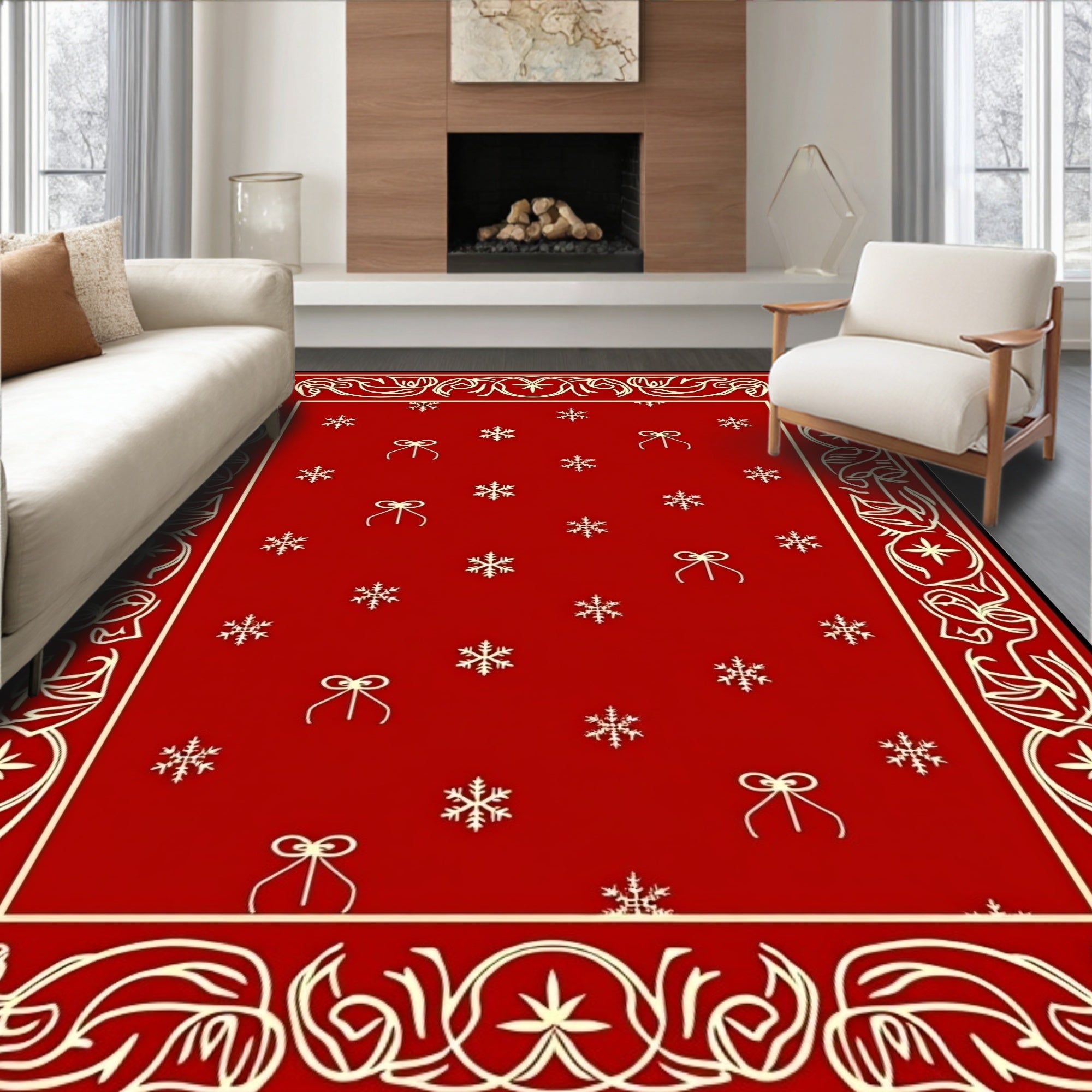Crimson Bow Snowflake Border Rug