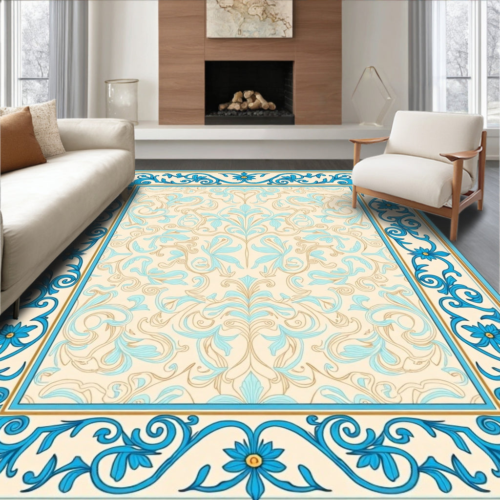 Ornate Floral Scroll Border Design Rug