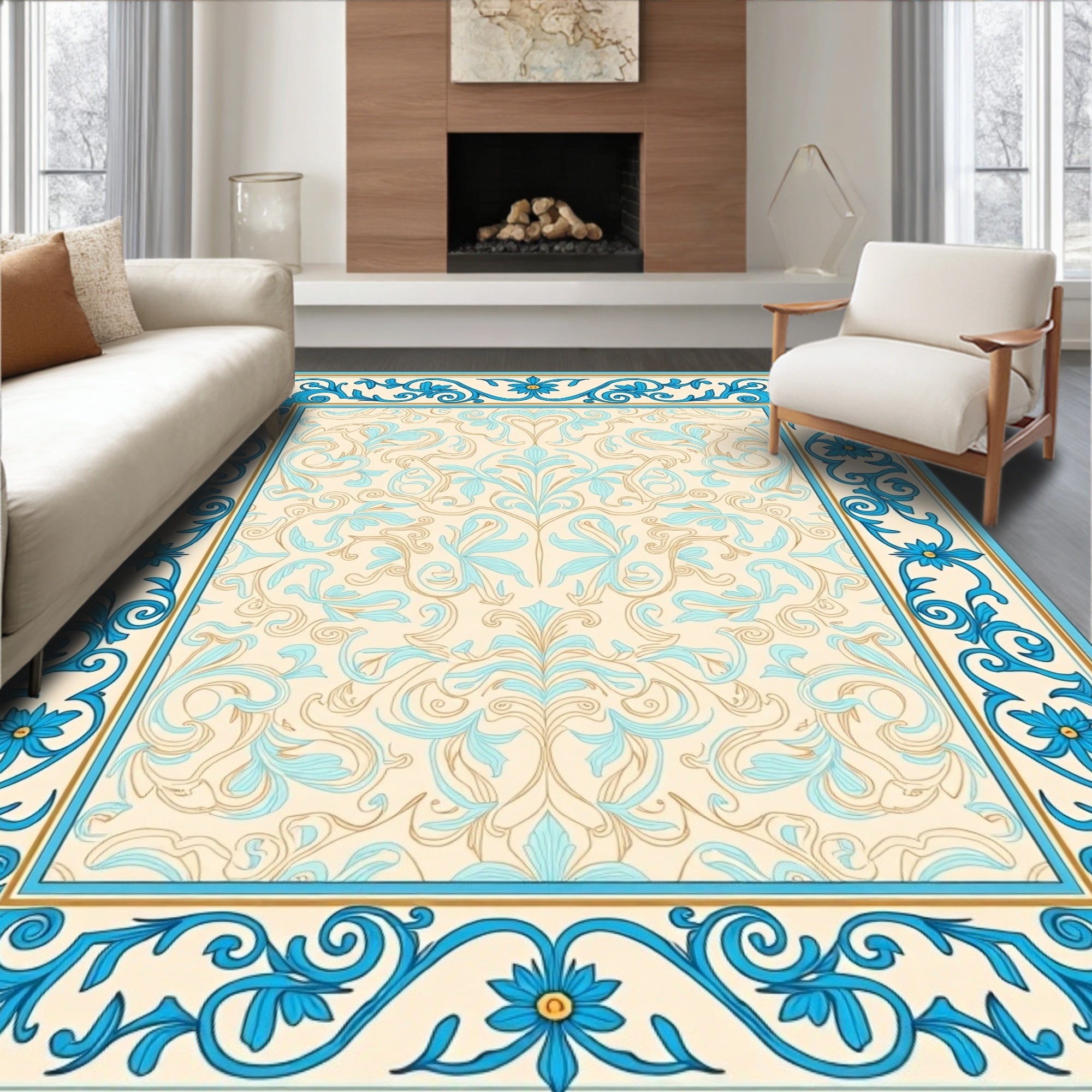Ornate Floral Scroll Border Design Rug