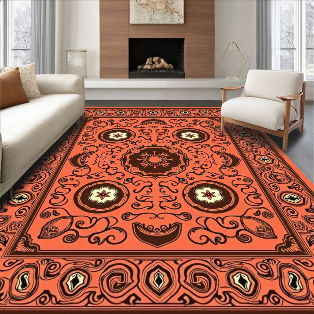 Ornate Coral And Brown Floral Rug