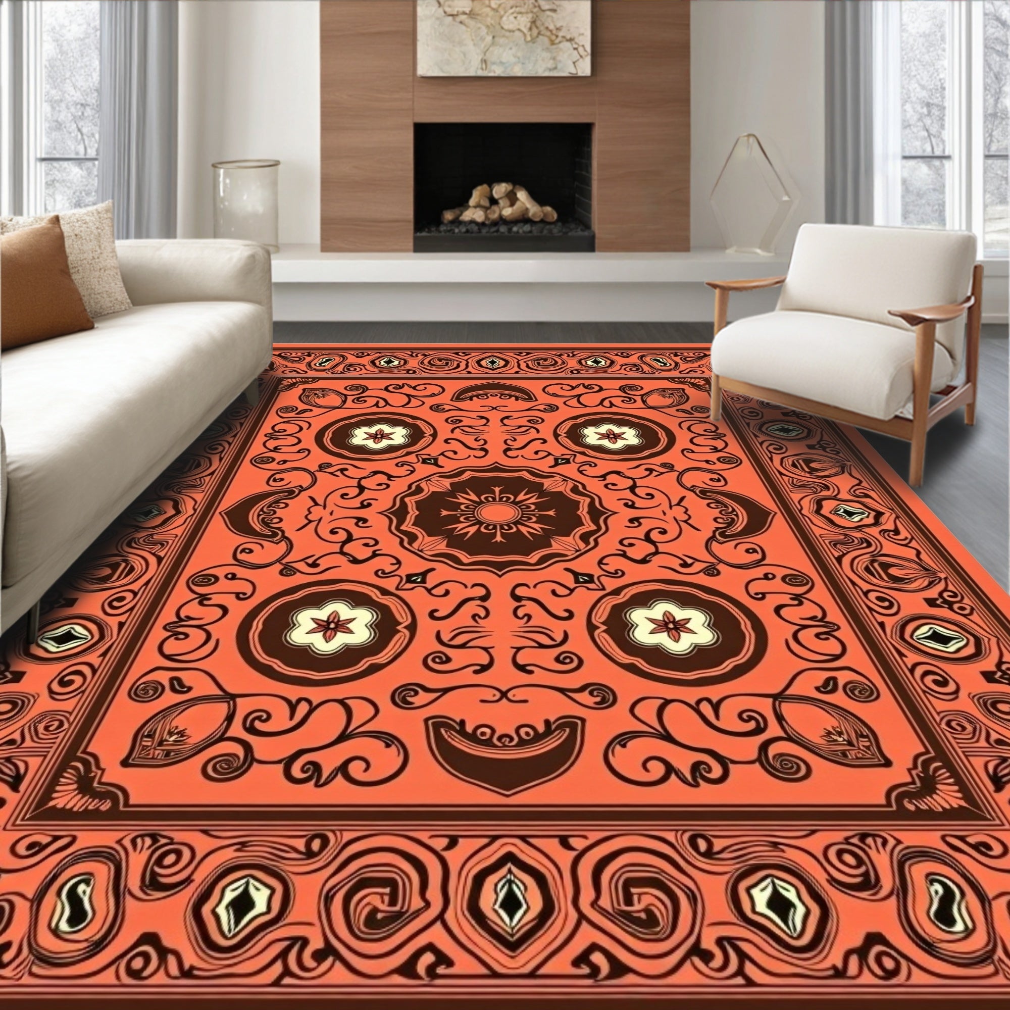 Ornate Coral And Brown Floral Rug