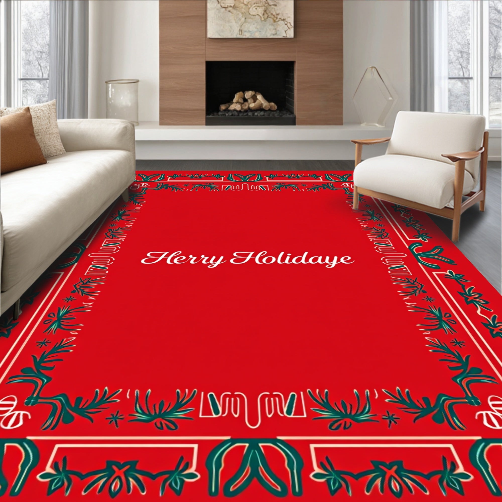 Festive Red Green Floral Border Rug