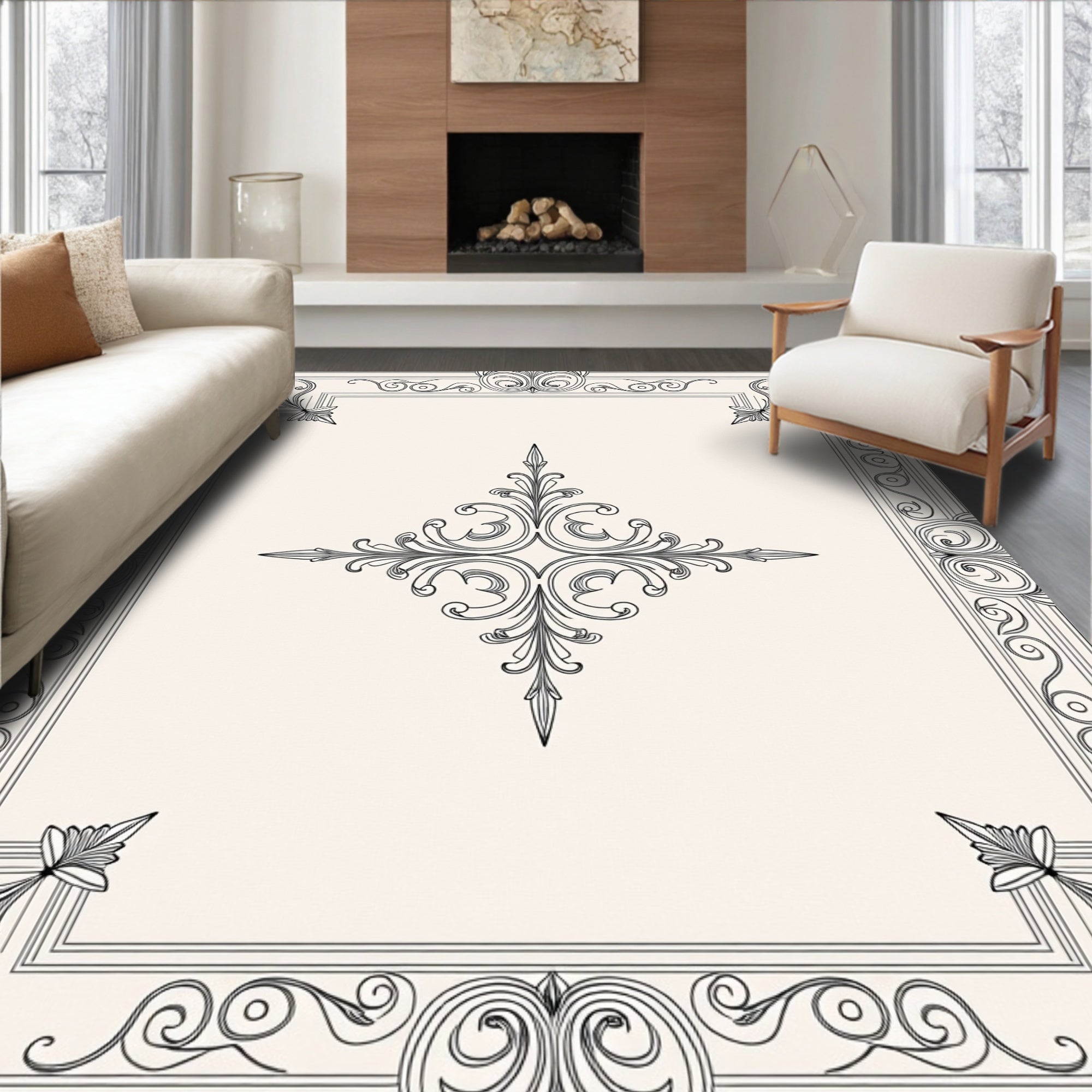 Ornate Black White Scroll Pattern Rug