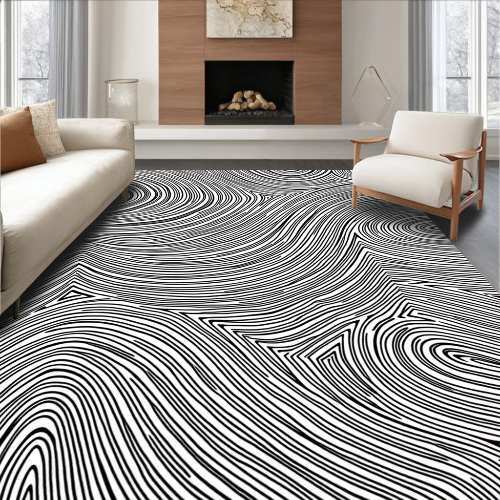 Bold Black White Striped Swirl Rug
