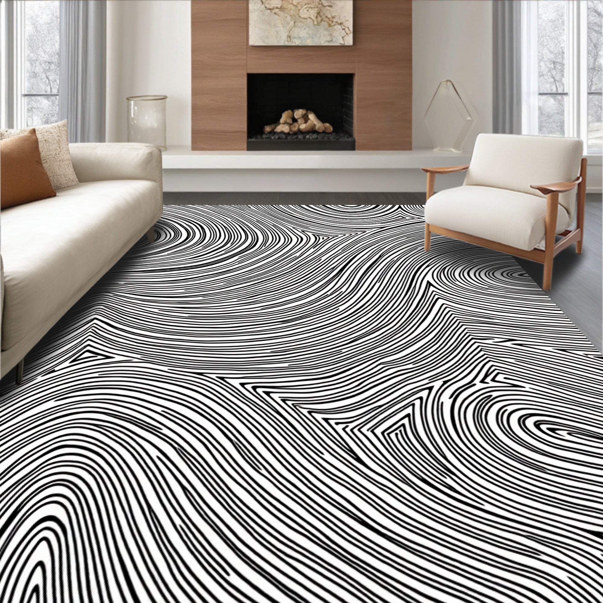 Bold Black White Striped Swirl Rug
