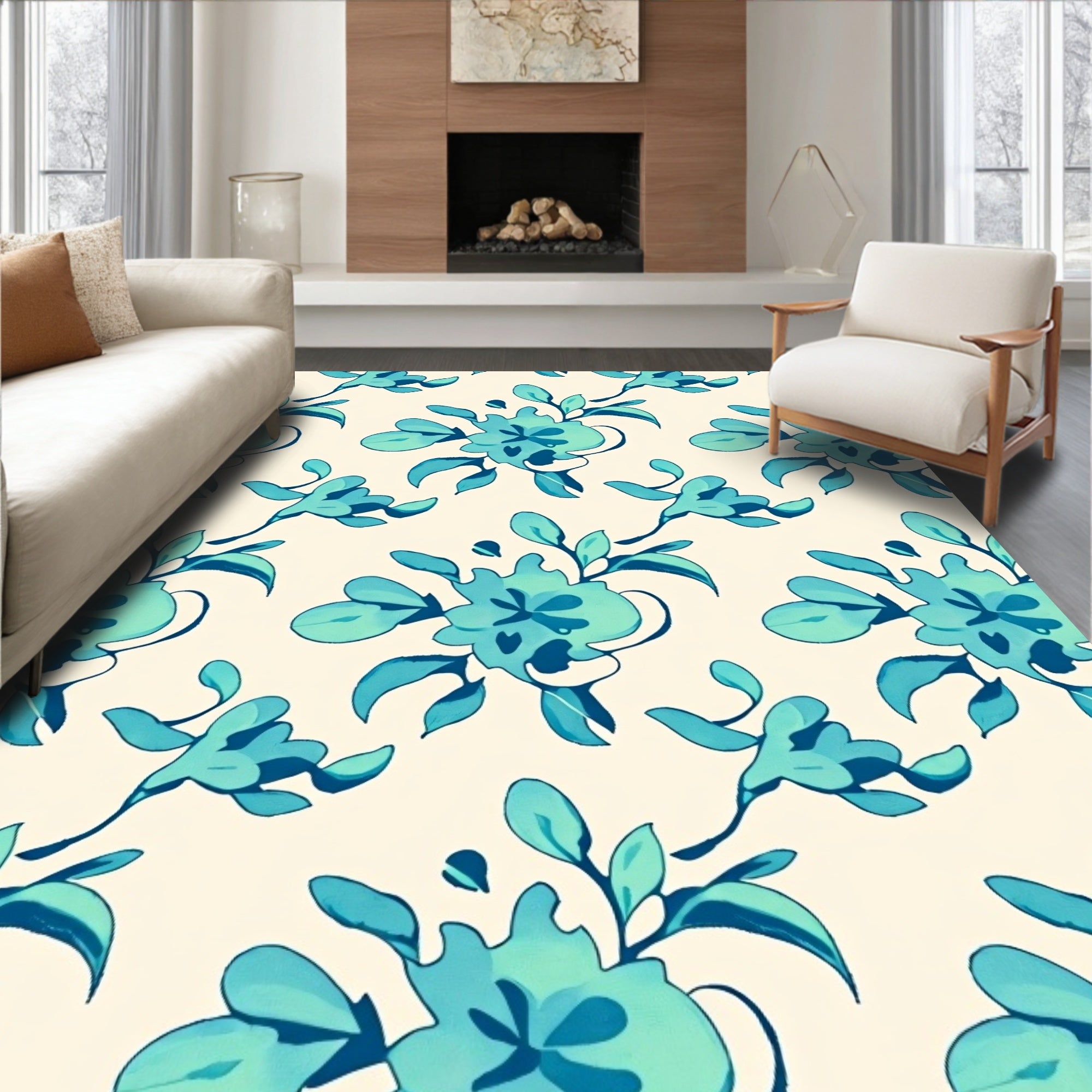 Abstract Teal Floral Pattern Rug
