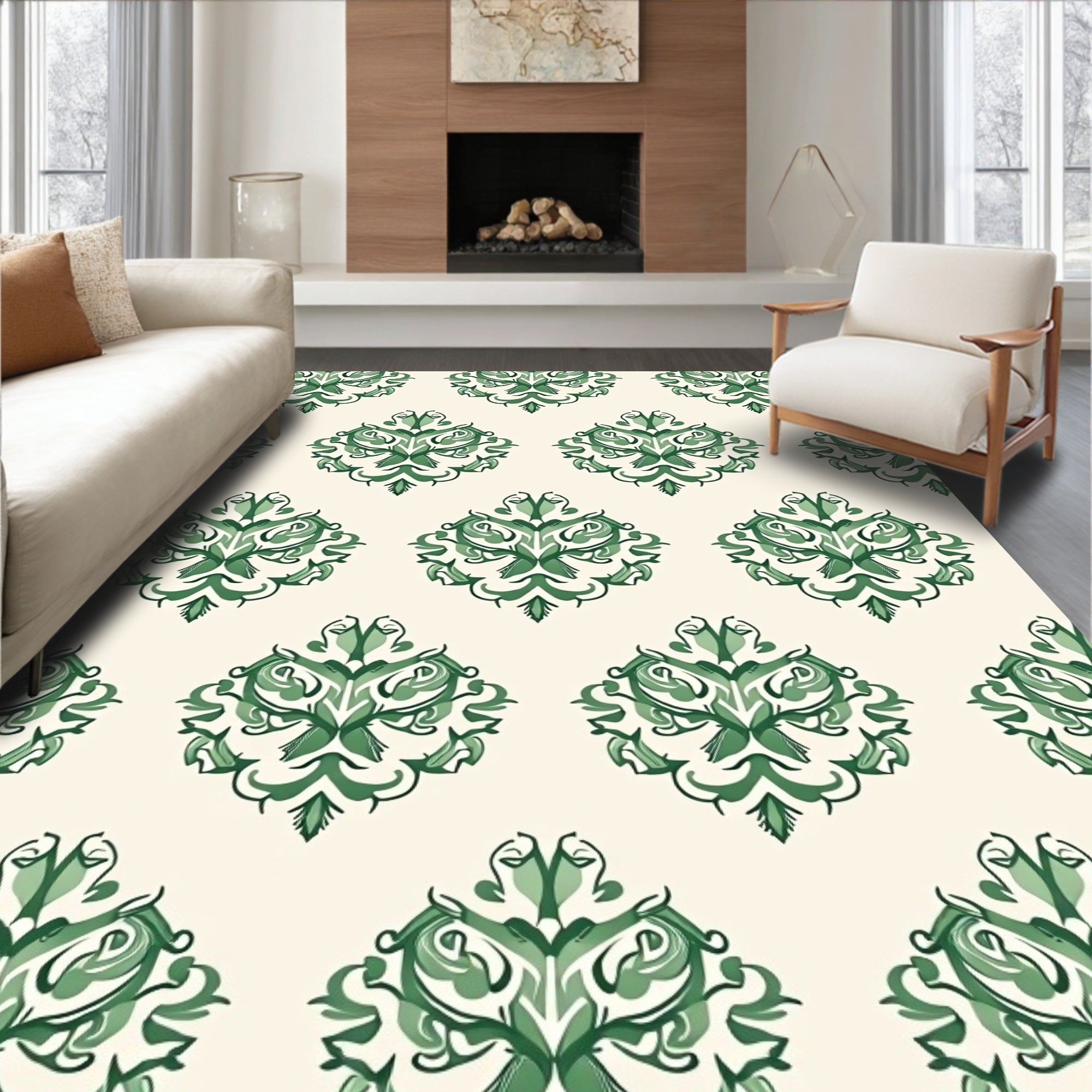 Elegant Green Floral Damask Pattern Rug
