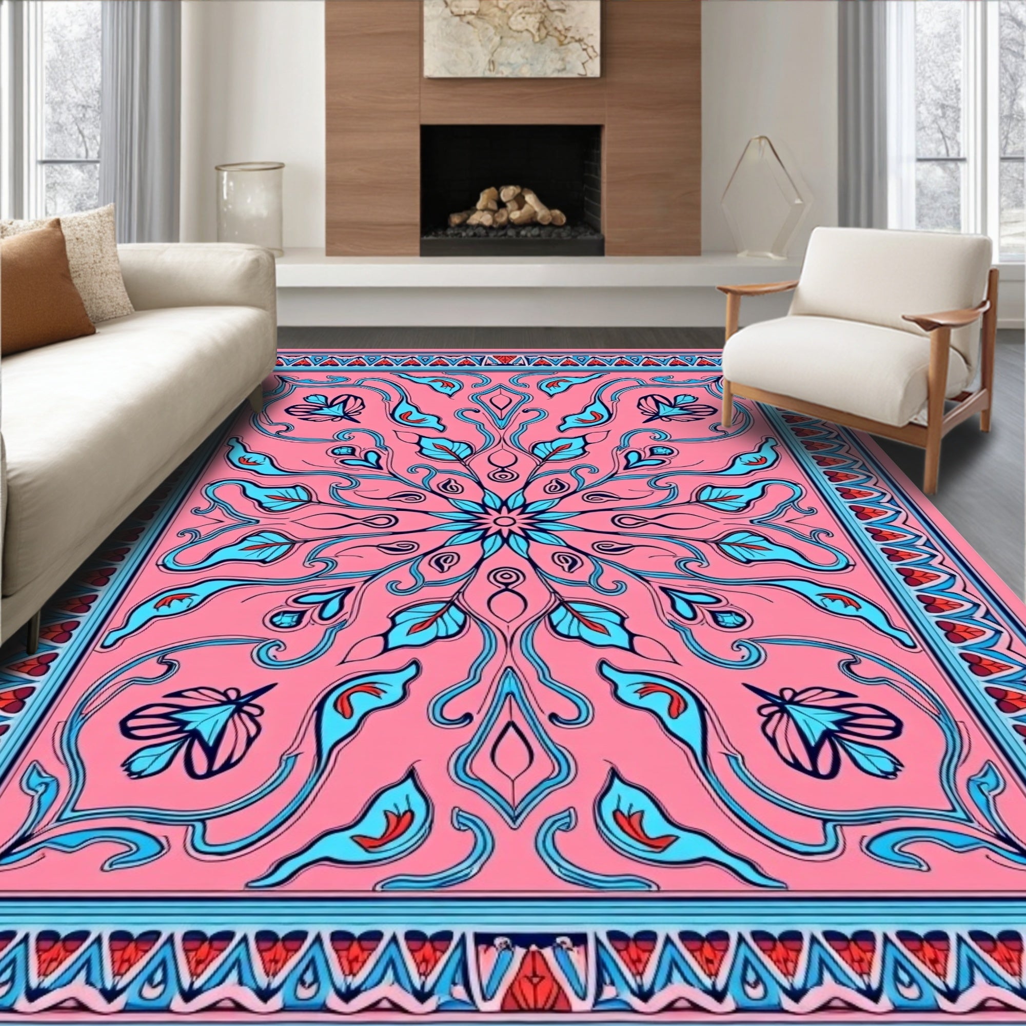Pink Floral Swirl Design Rug