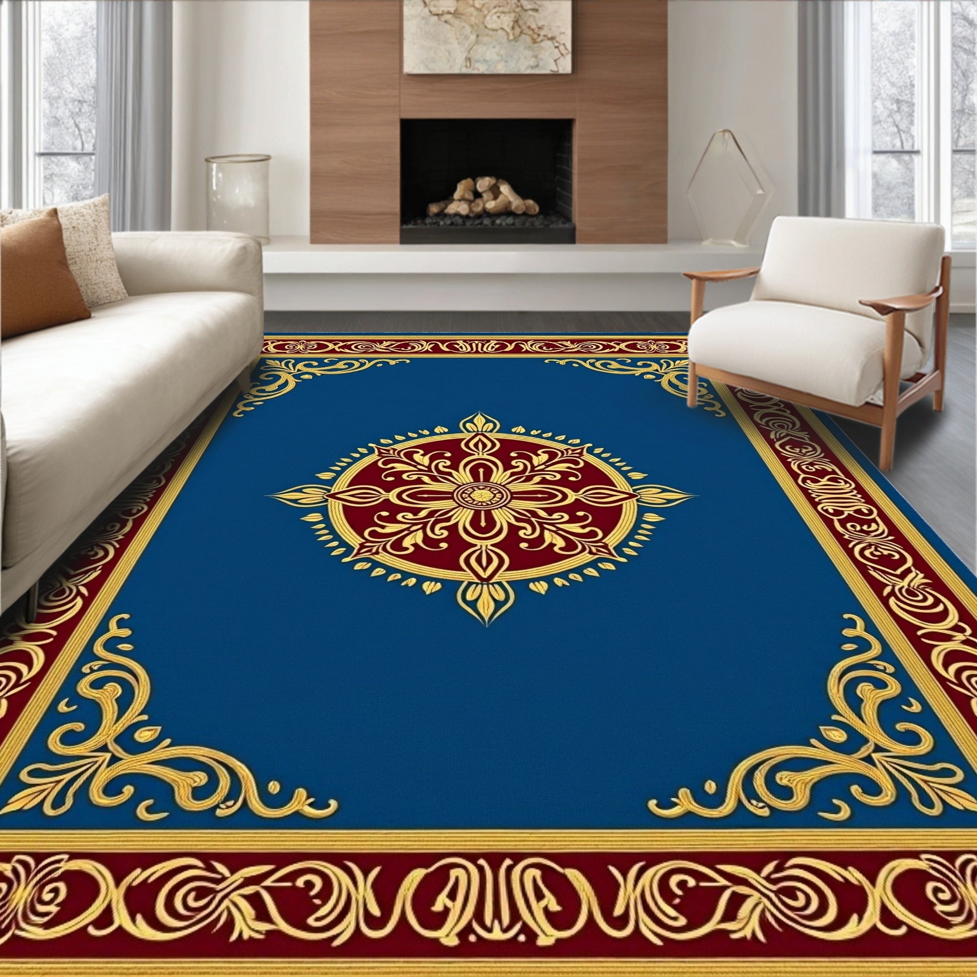 Royal Blue Gold Floral Medallion Border Rug
