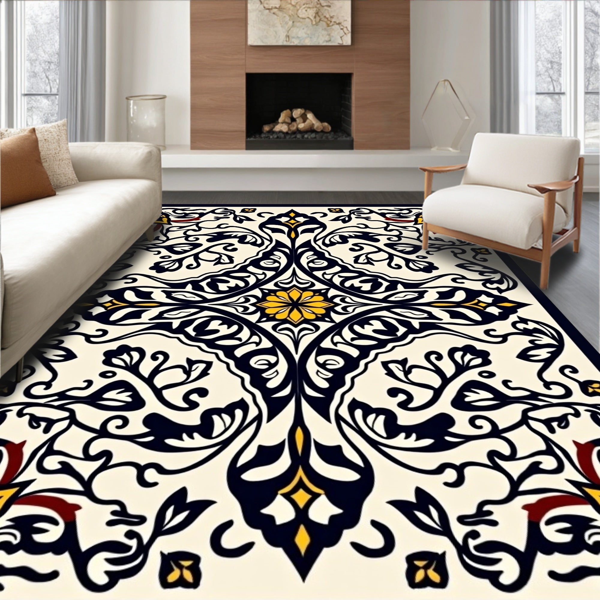 Elegant Black Yellow Floral Motif Rug