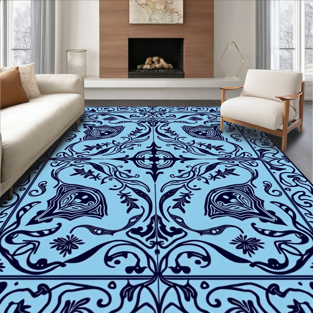 Sky Blue Organic Scrollwork Medallion Rug