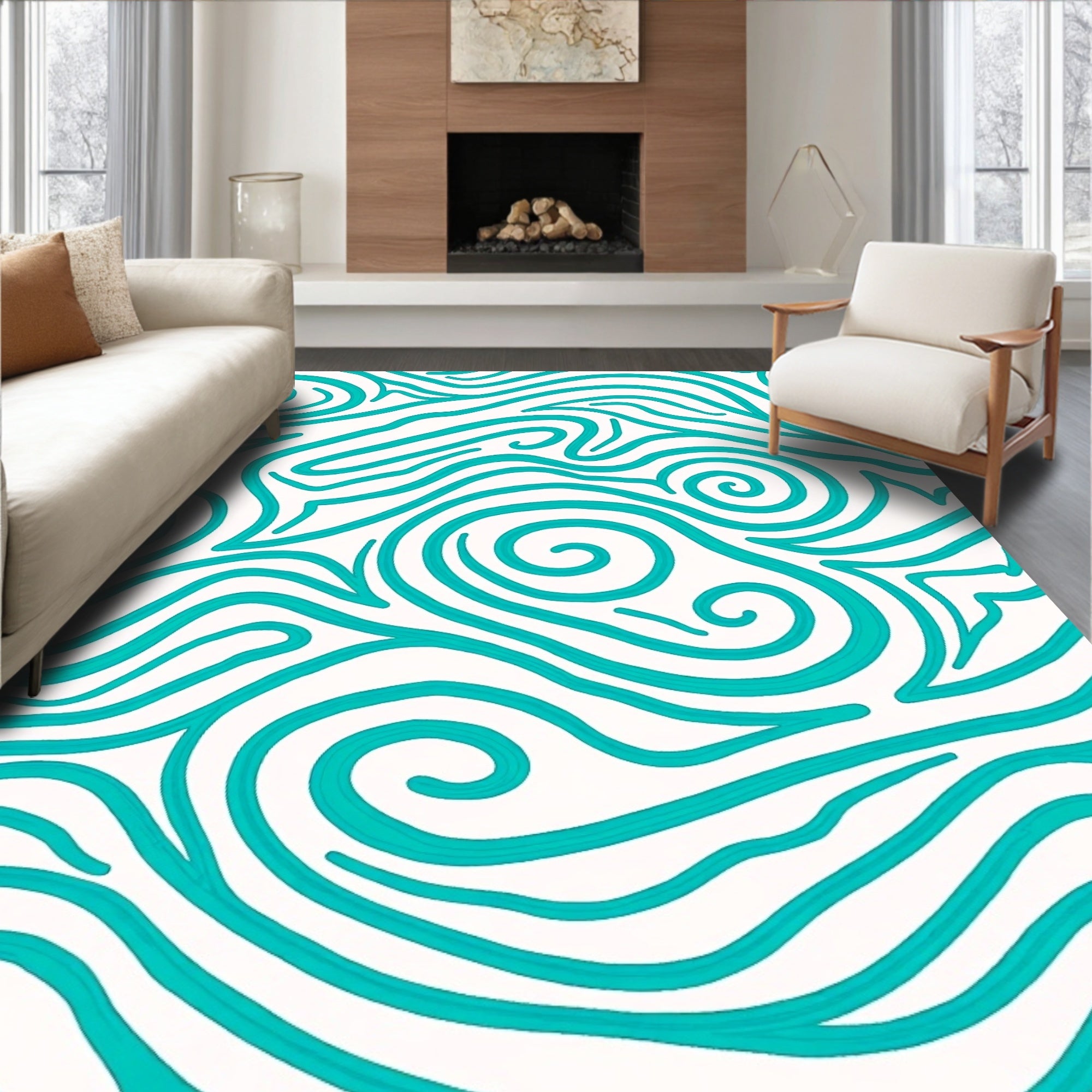 Abstract Aqua Wave Pattern Rug