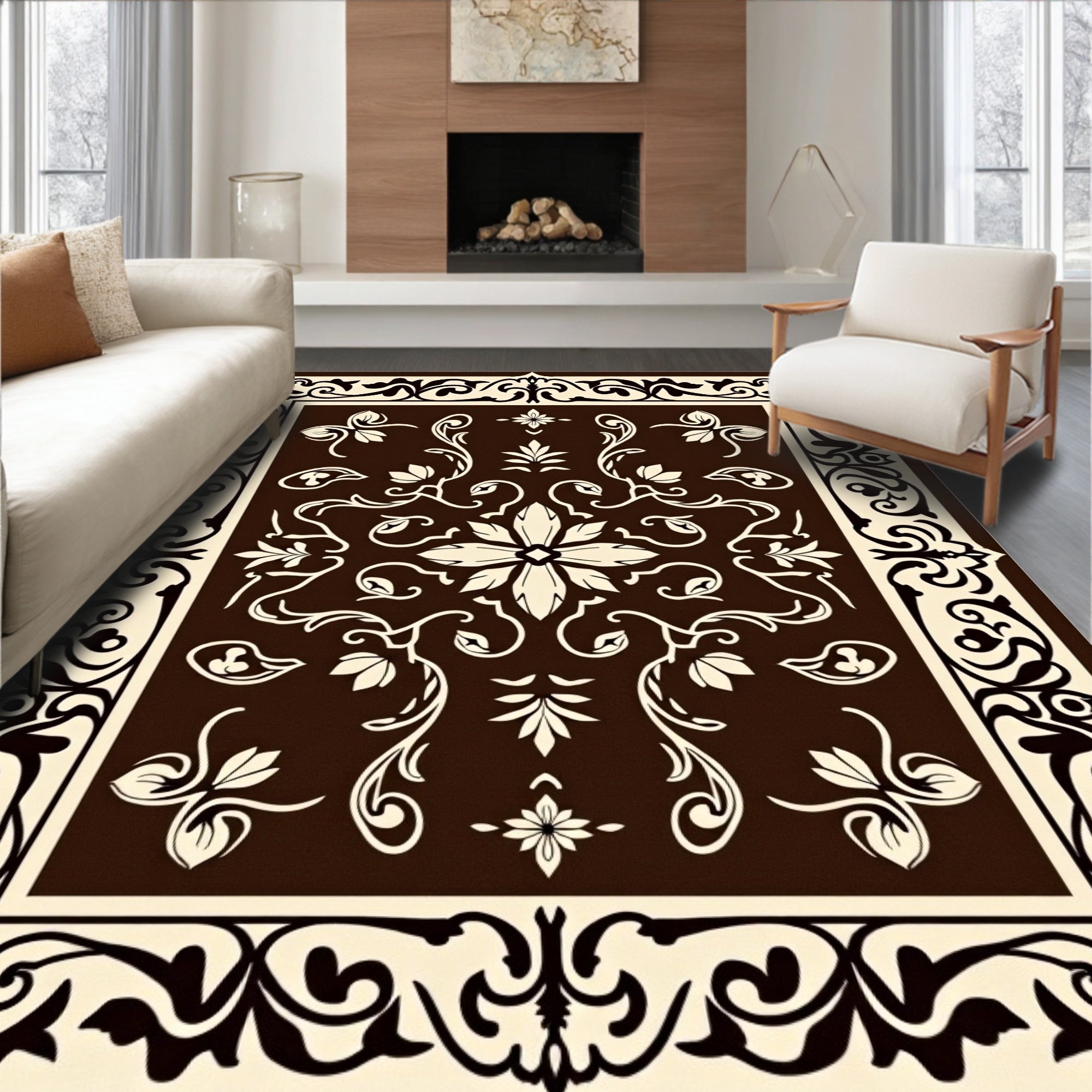 Rich Brown Floral Lattice Pattern Rug