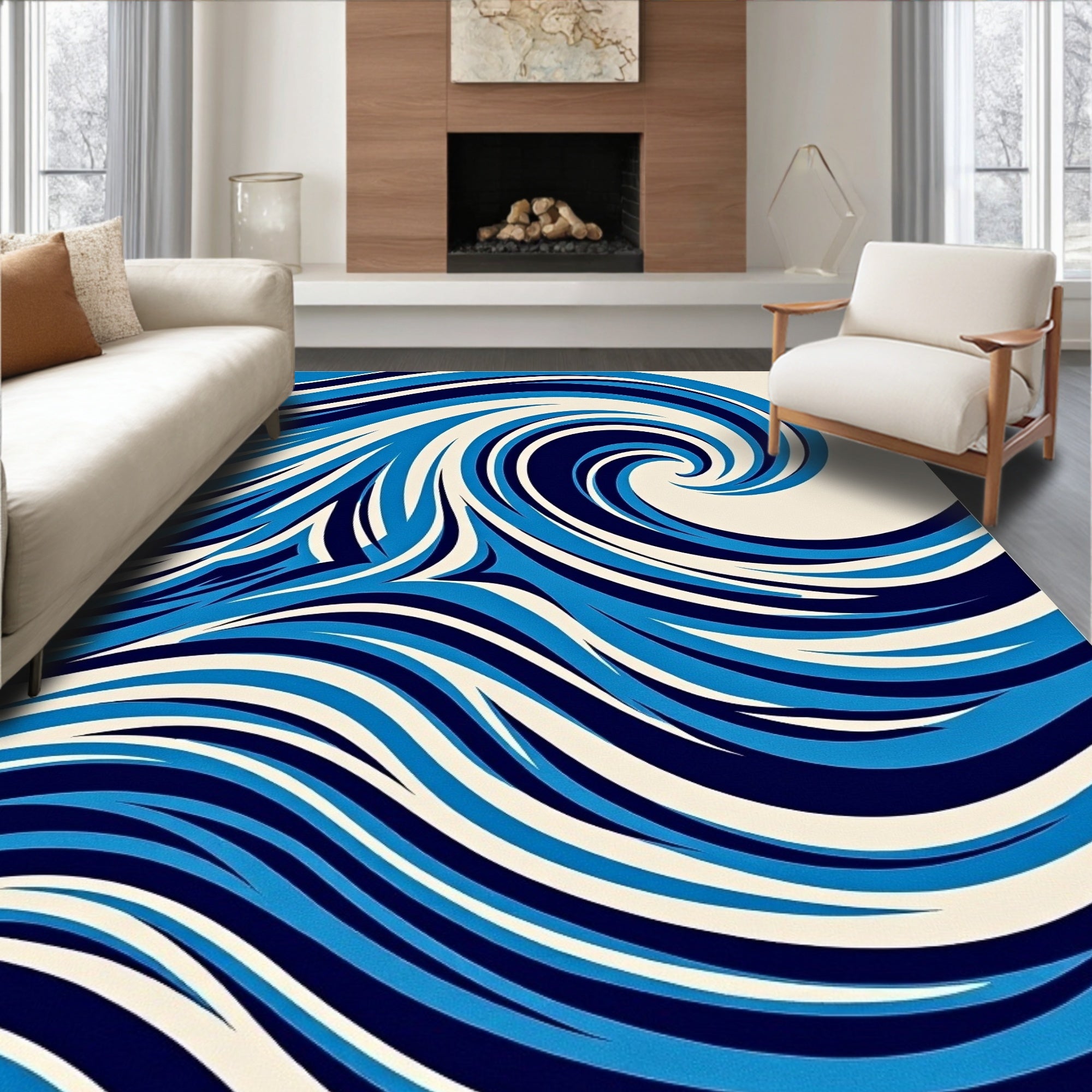Dynamic Blue Swirl Coastal Wave Rug