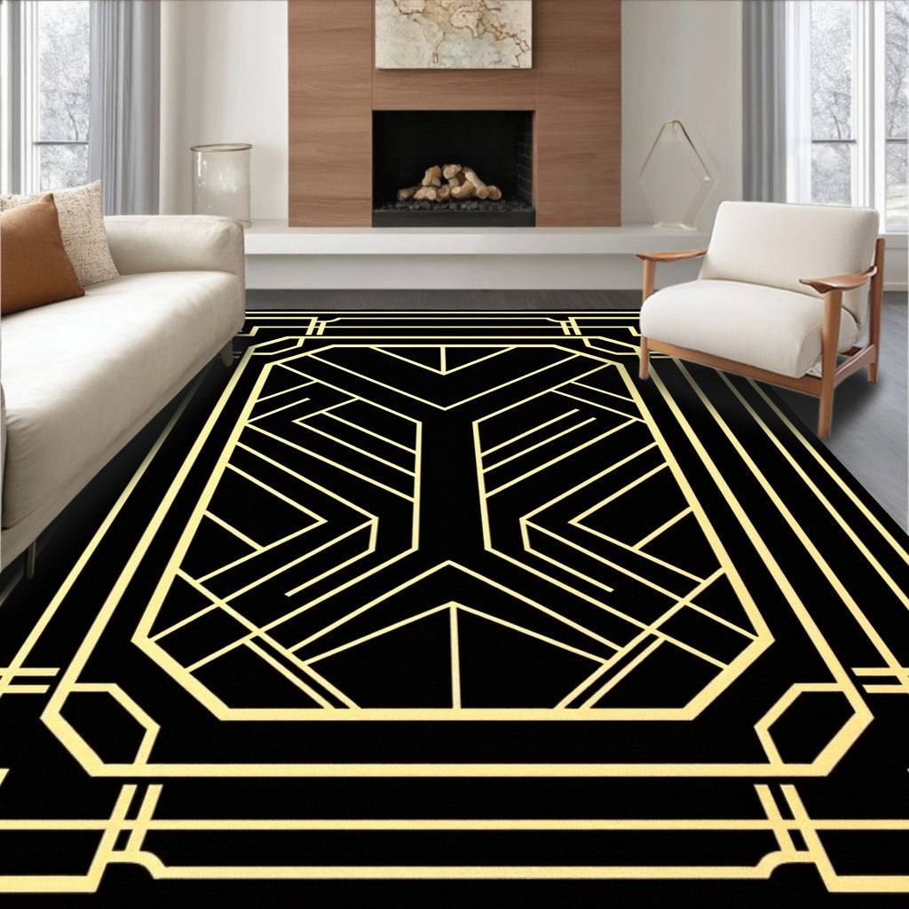 Art Deco Geometric Black Gold Pattern Rug