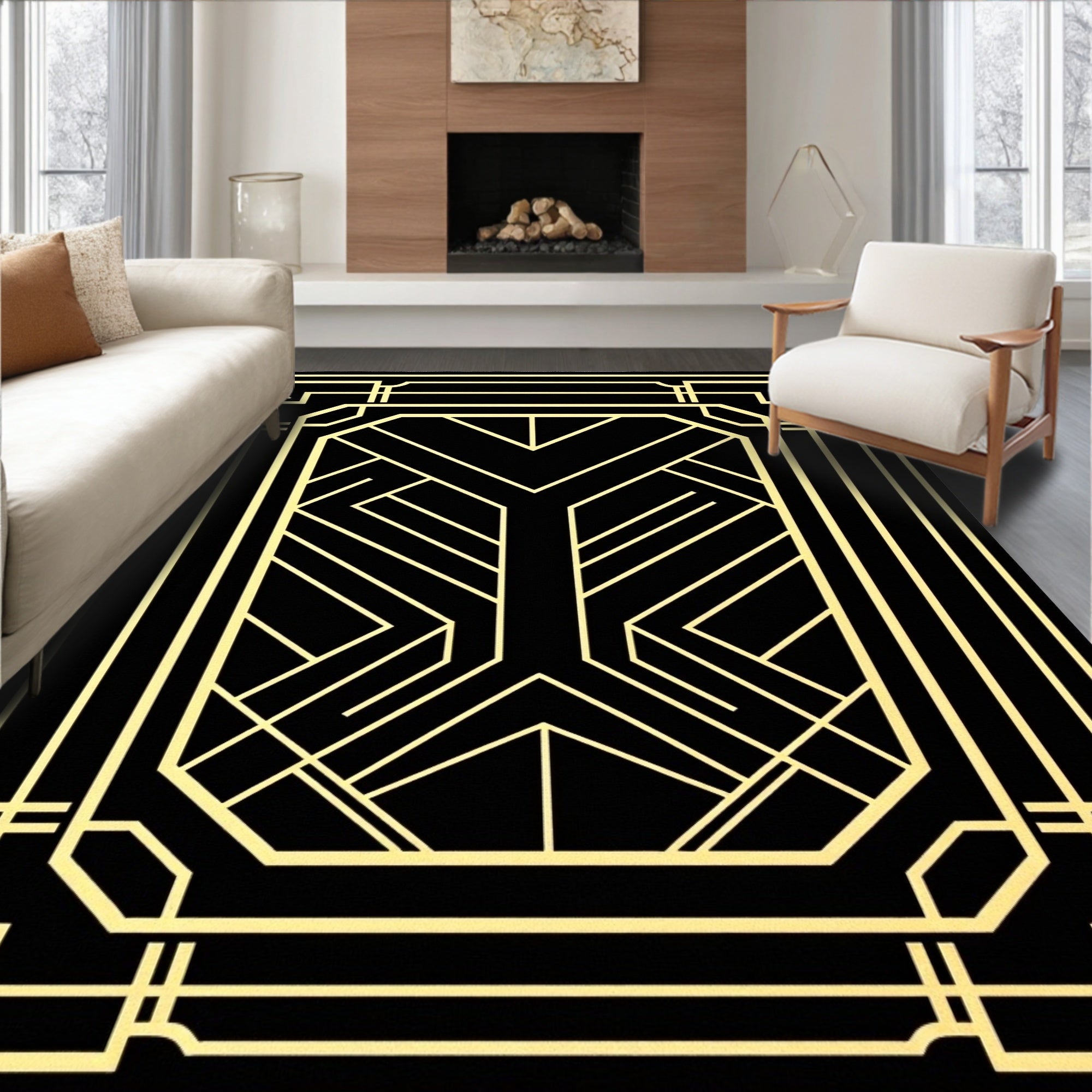 Art Deco Geometric Black Gold Pattern Rug