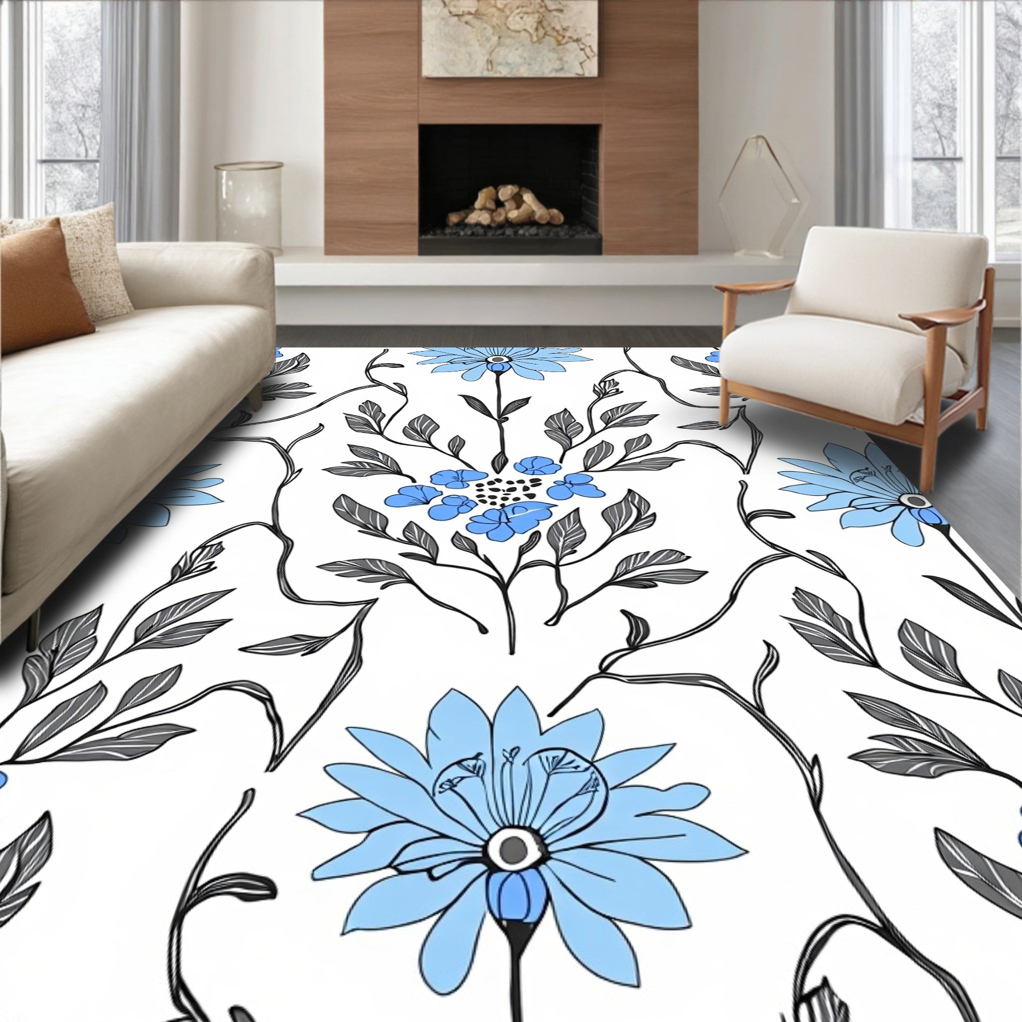 Blue Gray Botanical Pattern Rug